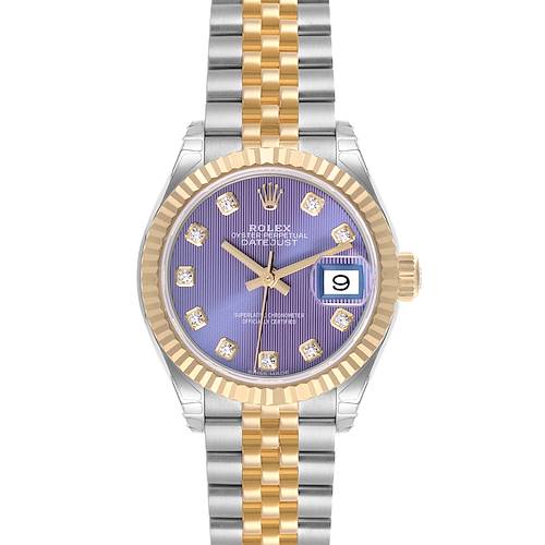 The Rolex Datejust watch is shown from the front, displaying the dial, date, bezel, and bracelet.