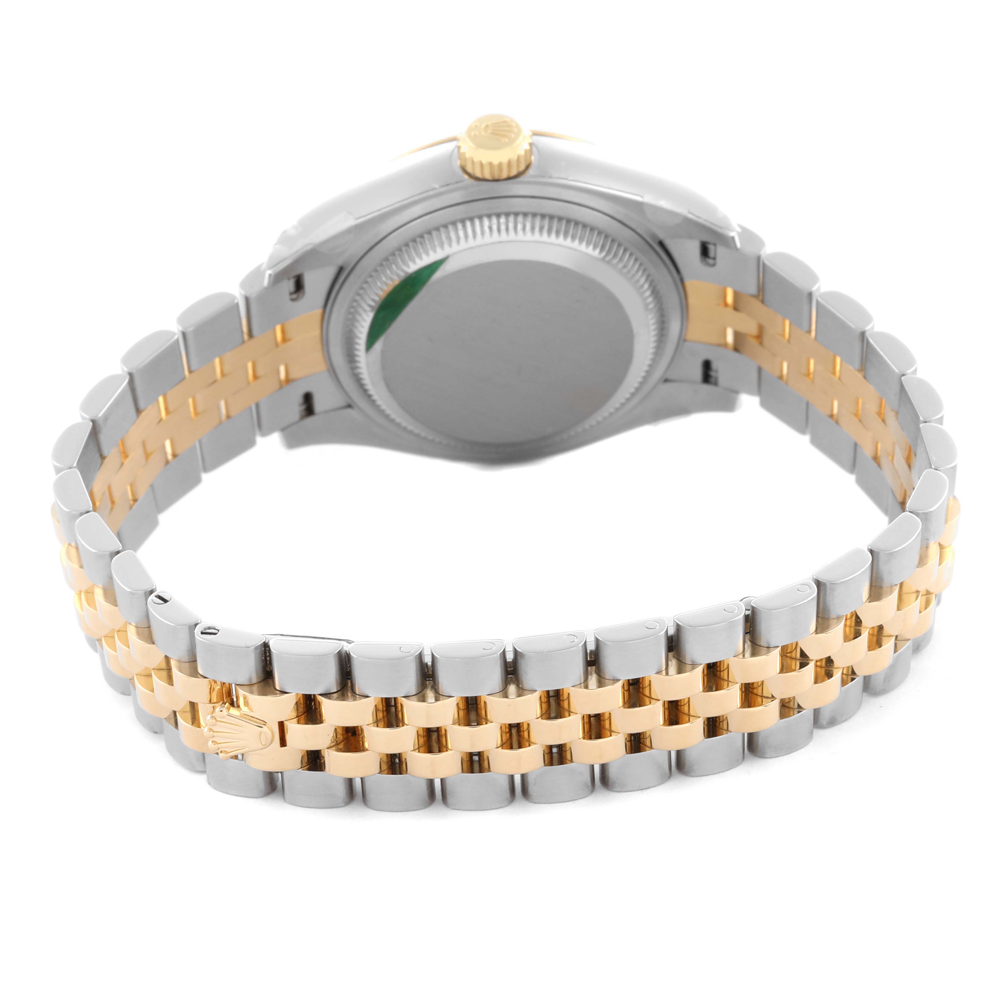 The image shows a rear angle of the Rolex Datejust 279173 Women's Steel and Gold (two tone) Purple Dial 279173 Women's Steel and Gold (two tone) Purple Dial, highlighting the case back and two-tone Jubilee bracelet.