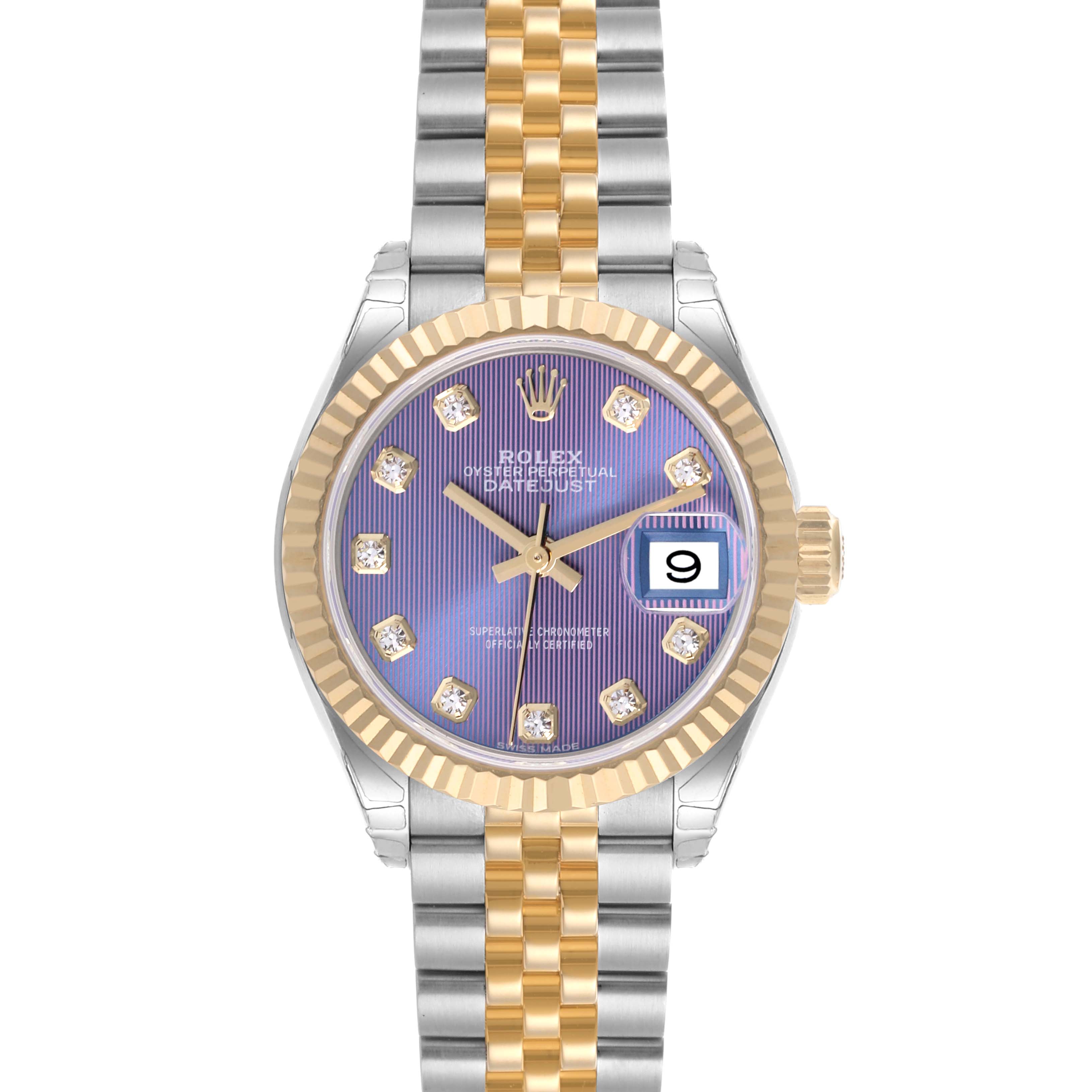 The Rolex Datejust 279173 Women's Steel and Gold (two tone) Purple Dial 279173 Women's Steel and Gold (two tone) Purple Dial watch is shown from the front, displaying the dial, bezel, bracelet, and date window.