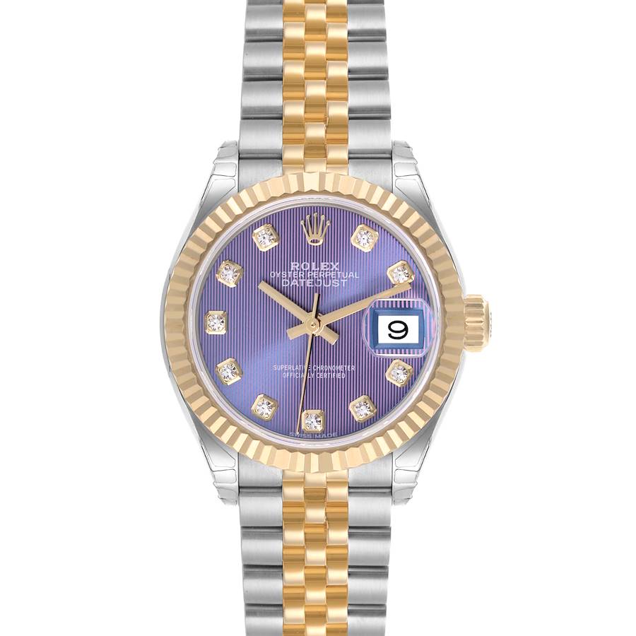 The Rolex Datejust watch is shown from the front, displaying the dial, bezel, bracelet, and date window.