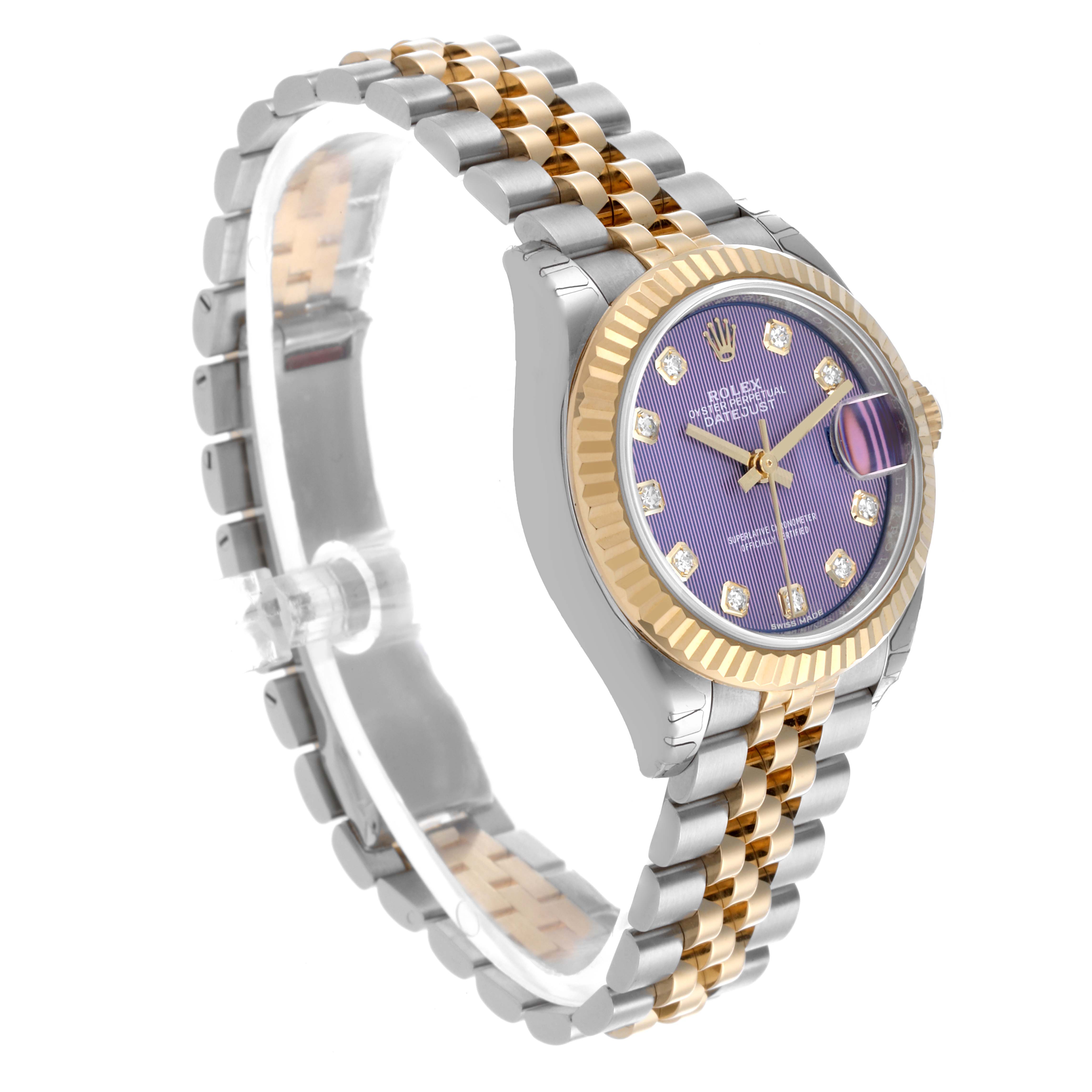 The Rolex Datejust 279173 Women's Steel and Gold (two tone) Purple Dial 279173 Women's Steel and Gold (two tone) Purple Dial watch is shown at a side angle, displaying the dial, case, bezel, and bracelet.