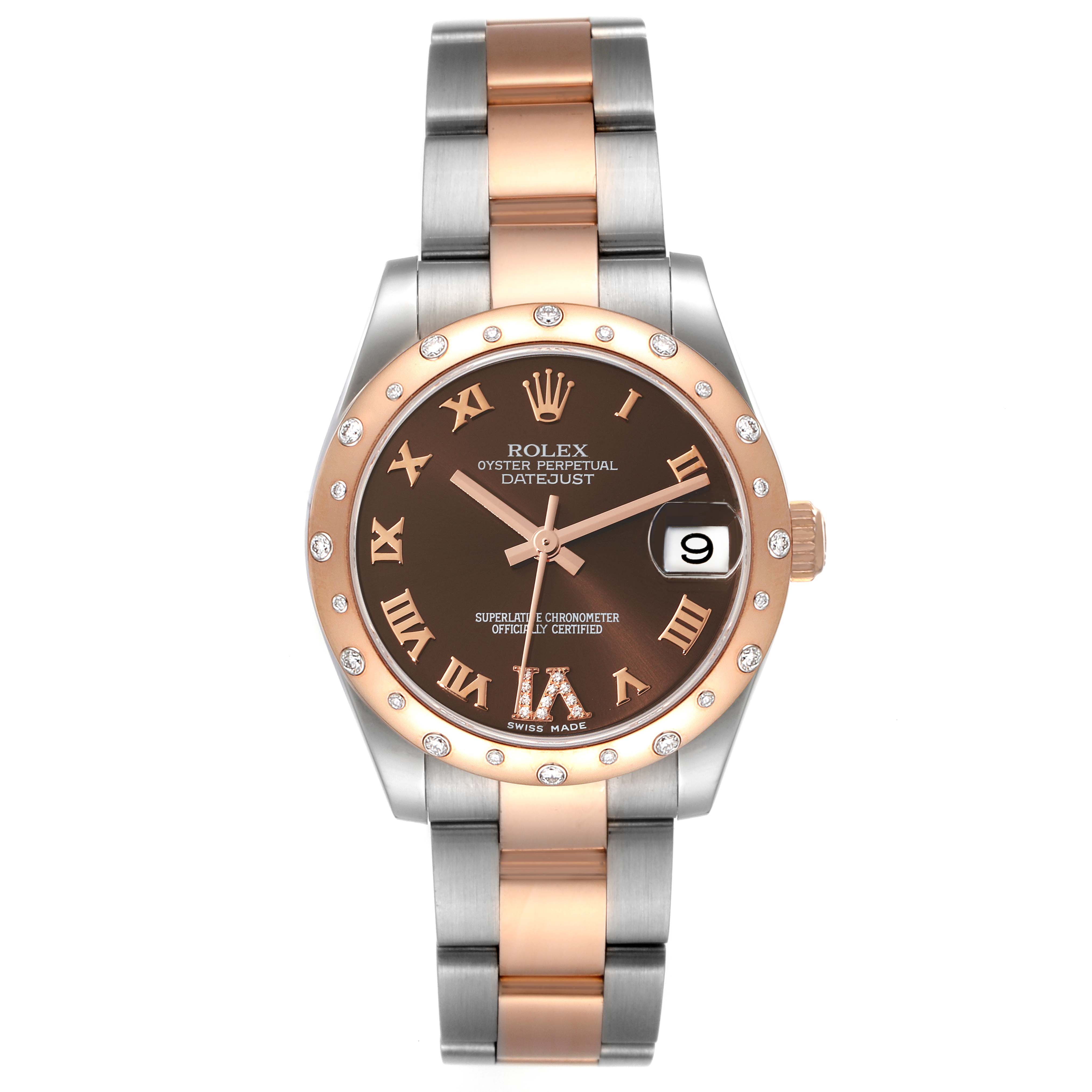 The Rolex Mid-Size 178341 Women's Steel and Gold (two tone) Brown Dial 178341 Women's Steel and Gold (two tone) Brown Dial Oyster Perpetual Datejust watch is shown from a front angle, displaying the face, bezel, and bracelet.
