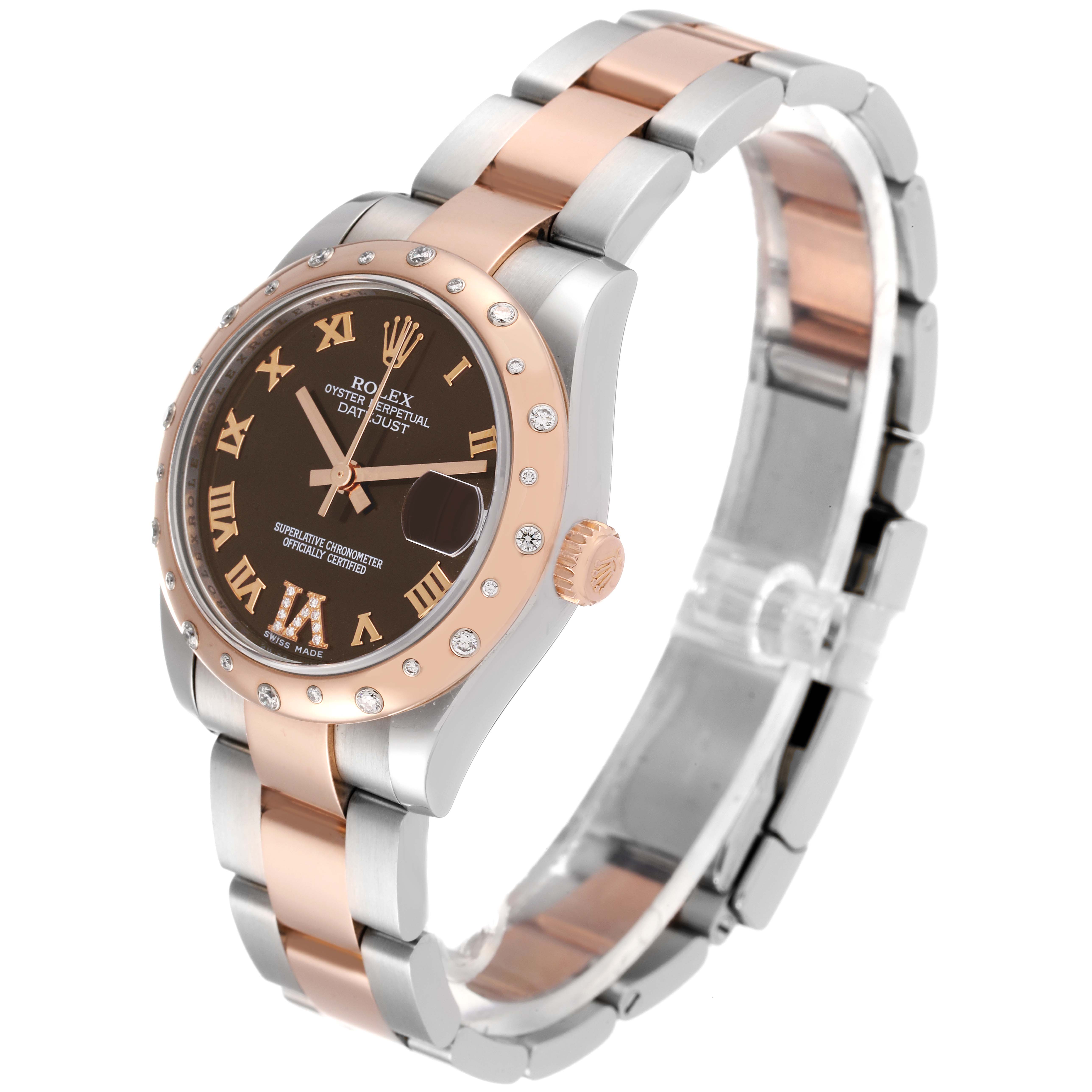 The Rolex Mid-Size 178341 Women's Steel and Gold (two tone) Brown Dial 178341 Women's Steel and Gold (two tone) Brown Dial model watch is shown at an angle displaying its face, bezel, crown, and two-tone bracelet.