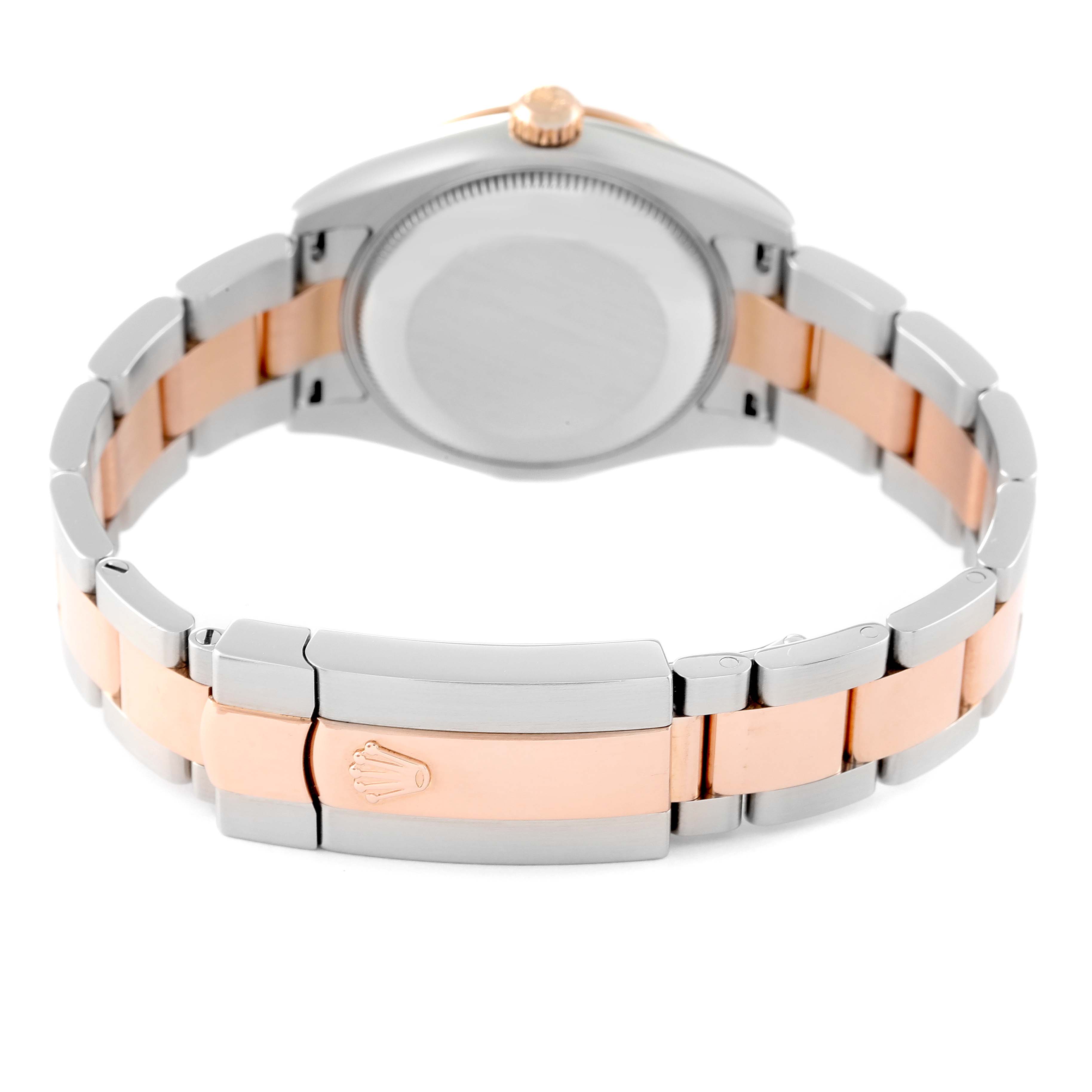 The image shows the back view of a Rolex Mid-Size 178341 Women's Steel and Gold (two tone) Brown Dial 178341 Women's Steel and Gold (two tone) Brown Dial model, focusing on the case and the two-tone metal bracelet with a clasp.