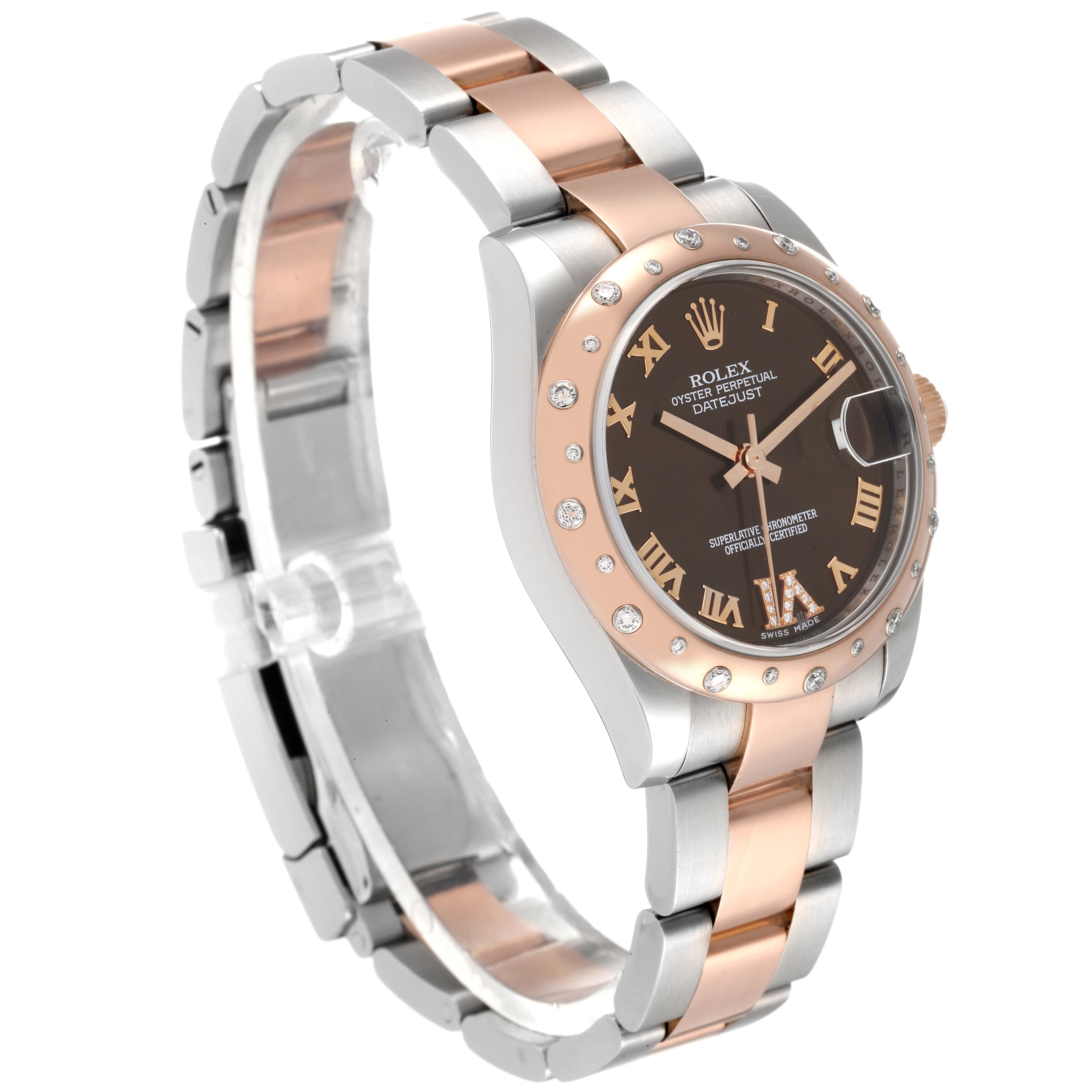 The image shows a Rolex Mid-Size 178341 Women's Steel and Gold (two tone) Brown Dial 178341 Women's Steel and Gold (two tone) Brown Dial watch at a front-left angle, highlighting the dial, bezel, and band.