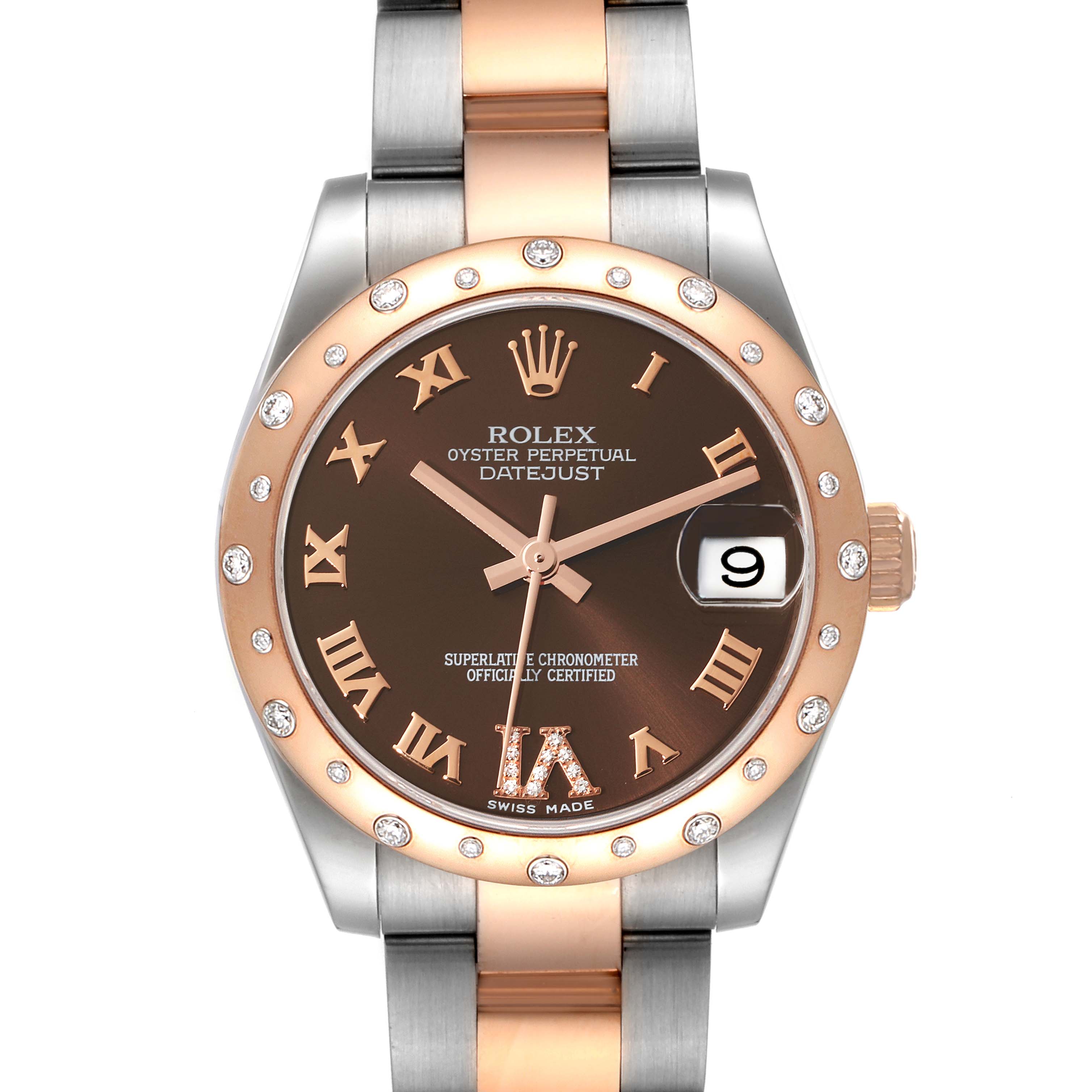 This image shows a front view of a Rolex Oyster Perpetual Datejust Mid-Size watch, featuring a brown dial and a two-tone bracelet.