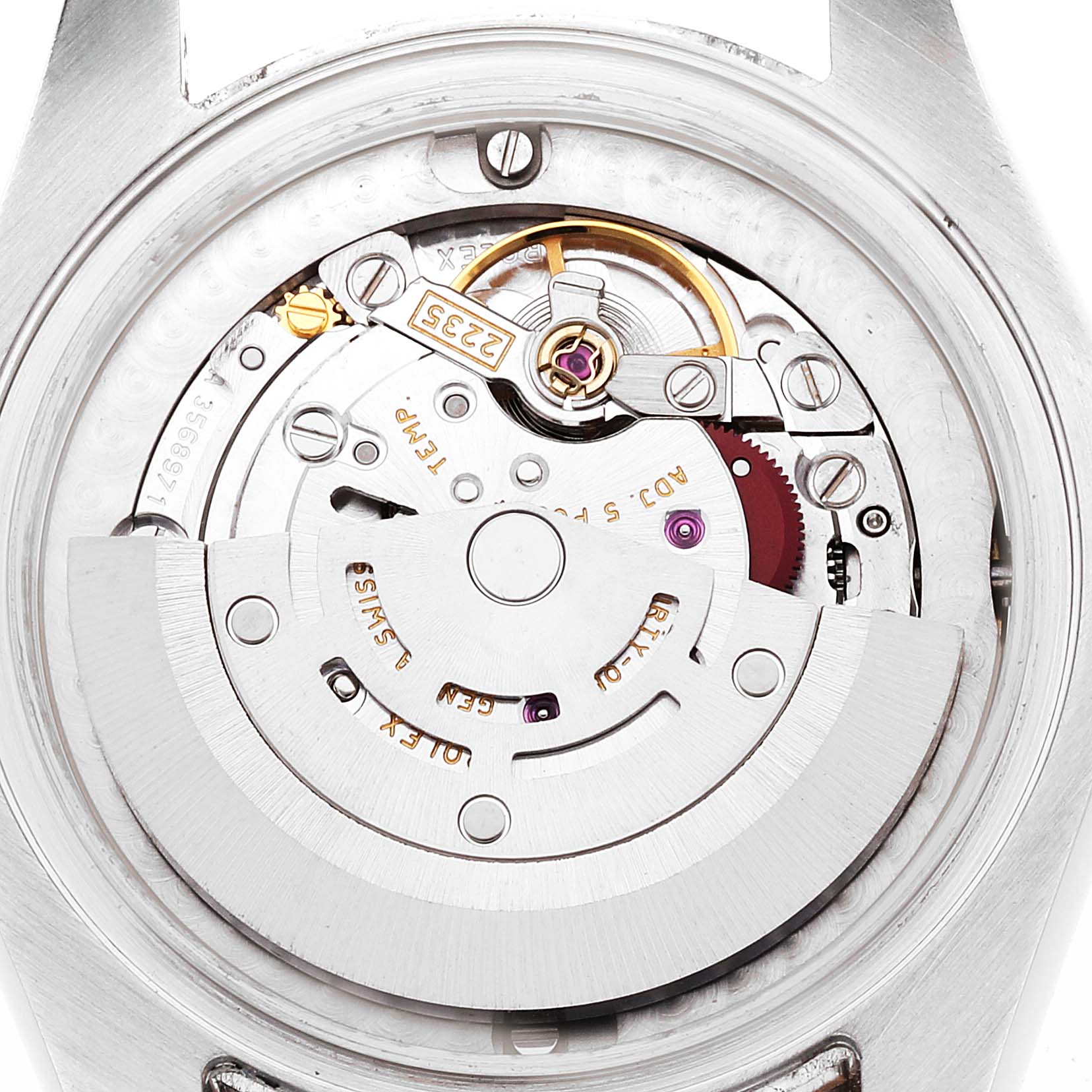 The image shows the open case back of a Rolex Mid-Size 178341 Women's Steel and Gold (two tone) Brown Dial 178341 Women's Steel and Gold (two tone) Brown Dial model, revealing the movement and internal mechanical parts.