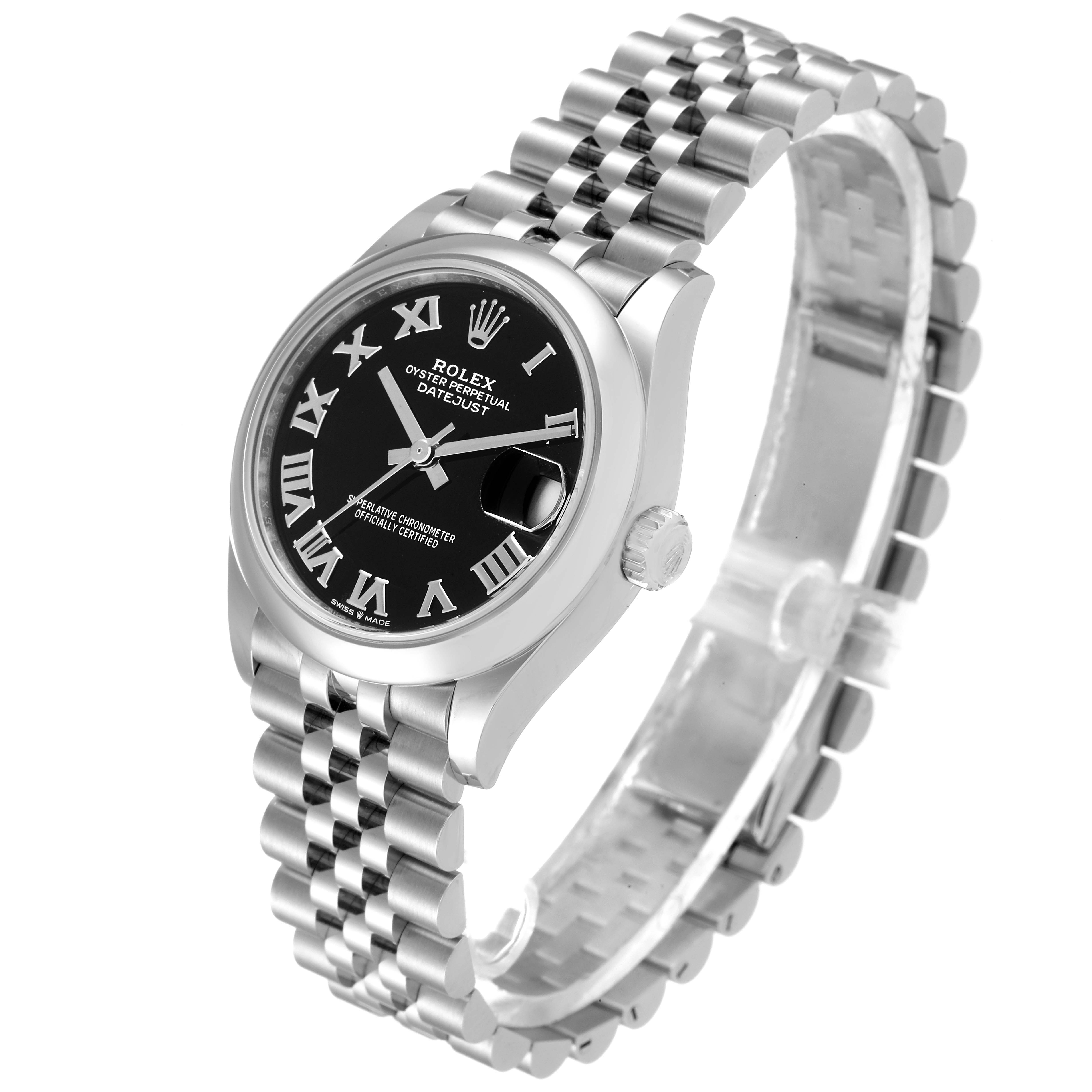 The image shows a Rolex Mid-Size 278240 Women
s Stainless Steel Black Dial 278240 Women
s Stainless Steel Black Dial Oyster Perpetual Datejust watch angled from the front-left, highlighting the dial, bezel, and bracelet.