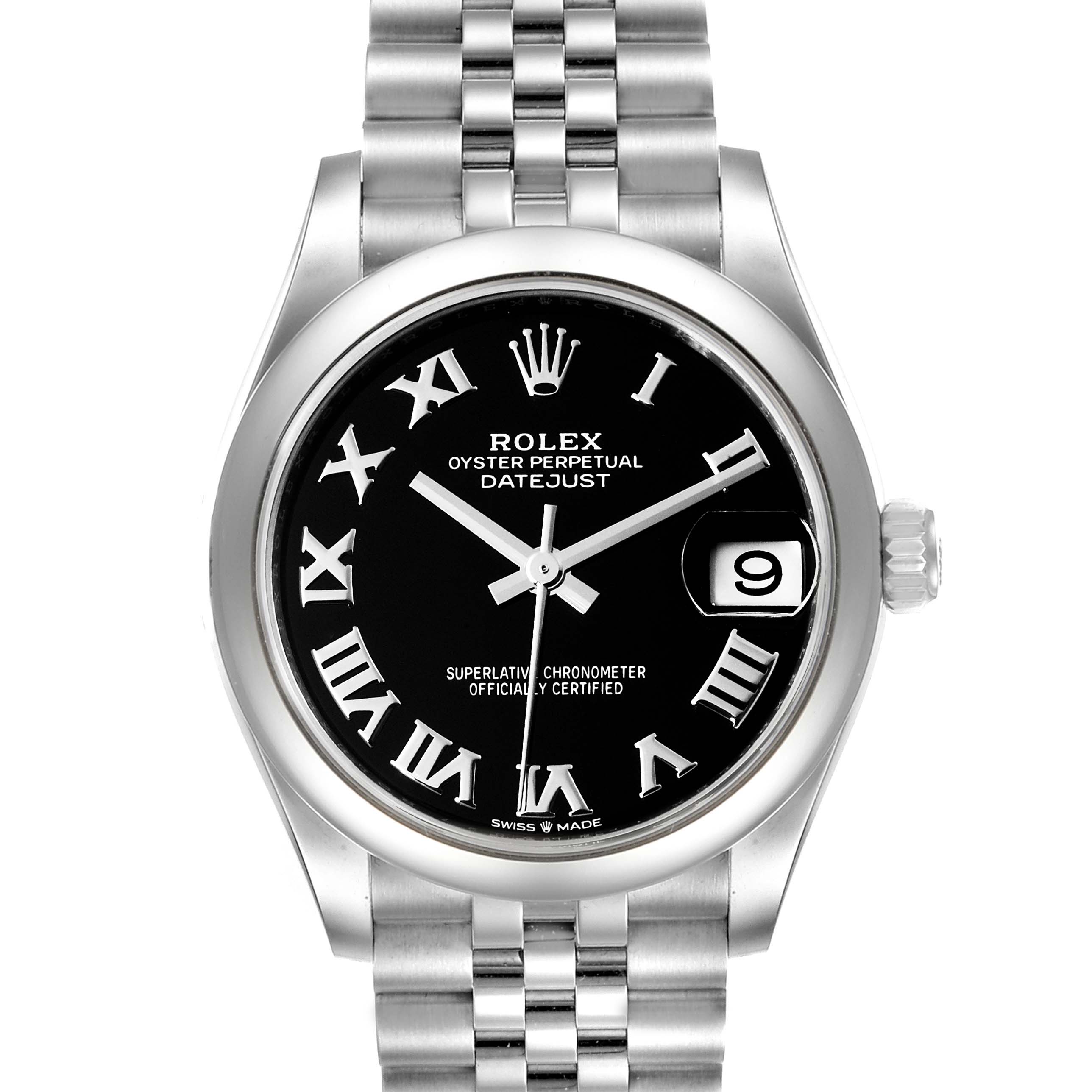 The image shows the front view of a Rolex Mid-Size 278240 Women
s Stainless Steel Black Dial 278240 Women
s Stainless Steel Black Dial Datejust watch with a black dial and a Jubilee bracelet.