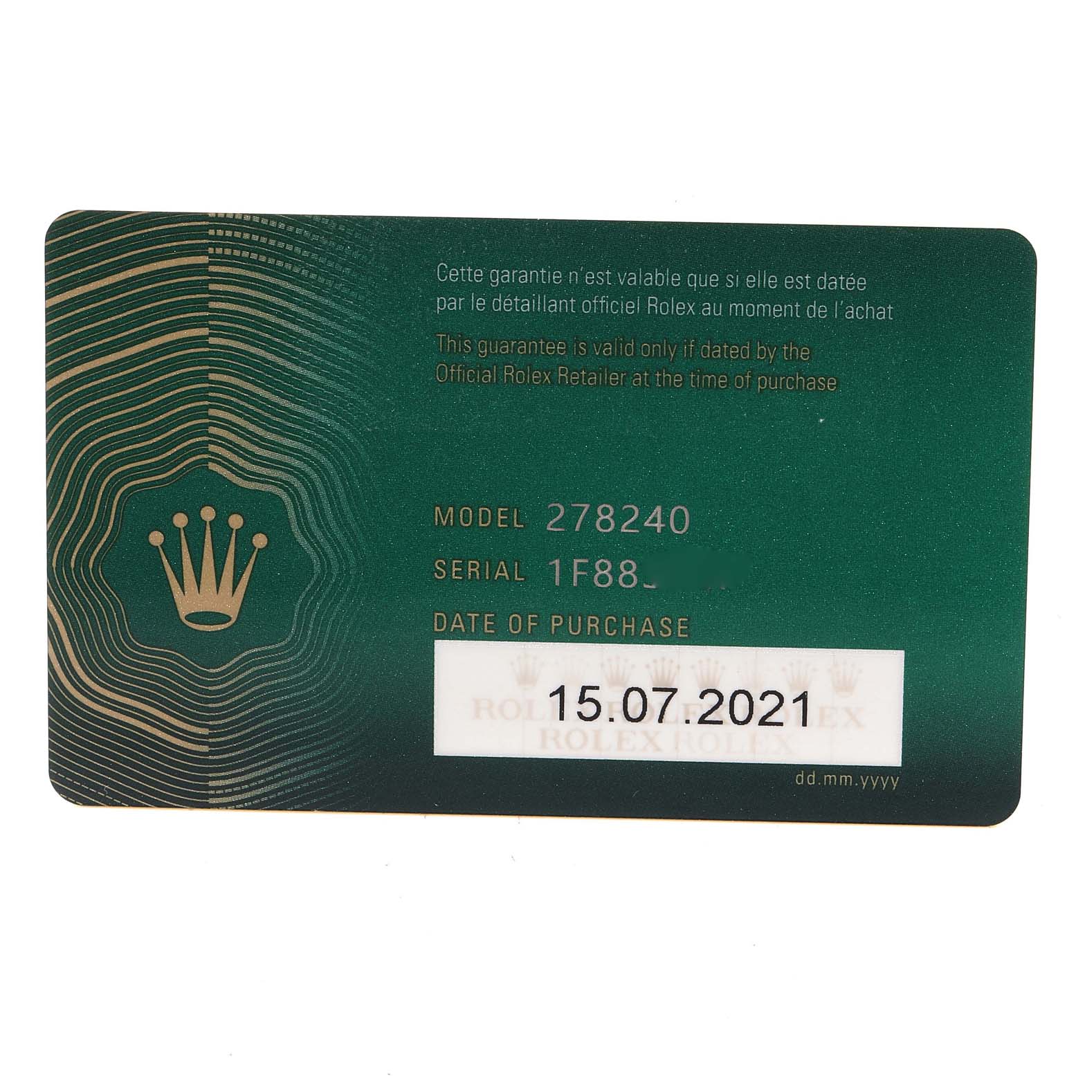 The image shows a warranty card for a Rolex Mid-Size 278240 Women
s Stainless Steel Black Dial 278240 Women
s Stainless Steel Black Dial model 278240, displaying model number, serial number, and date of purchase.