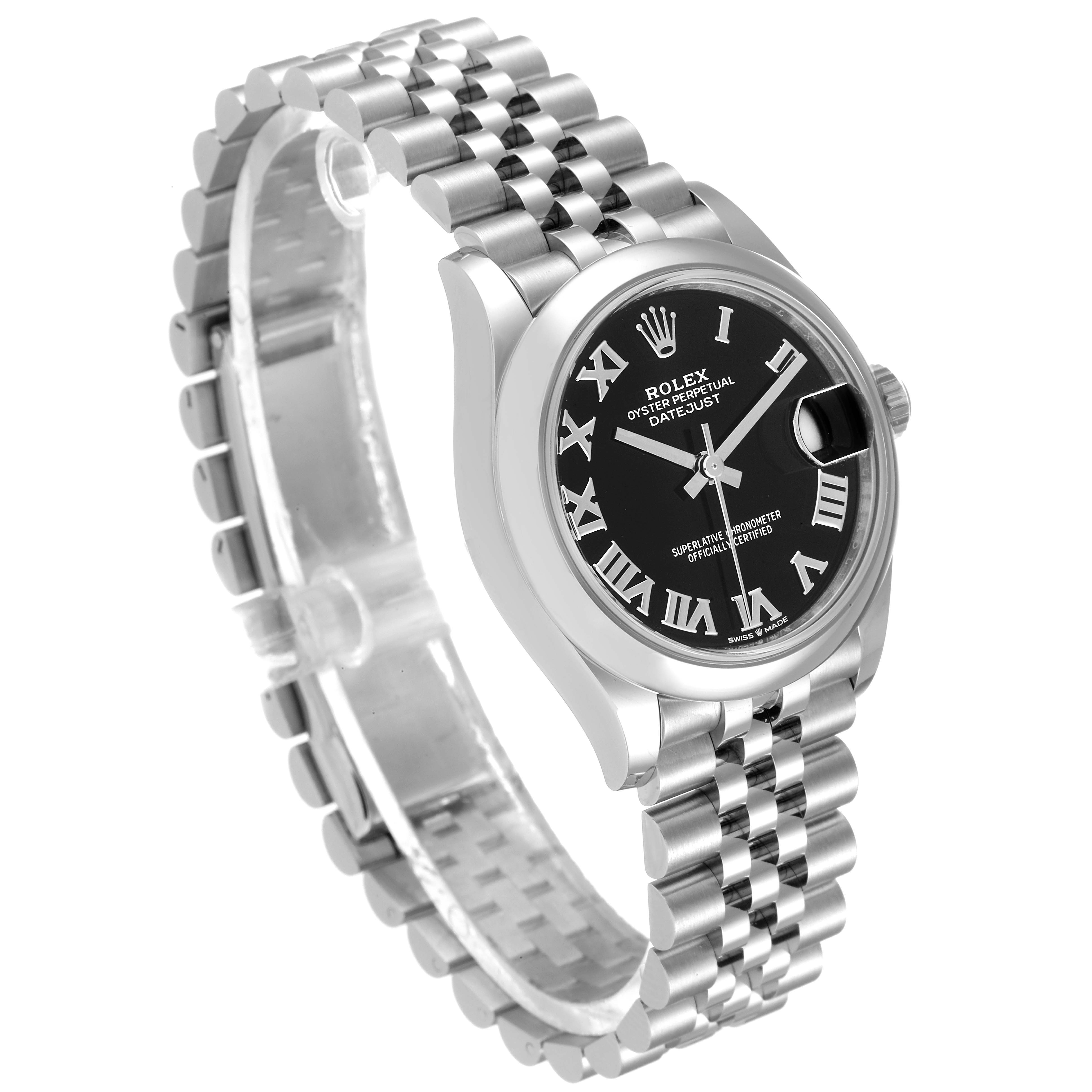 The image shows a Rolex Mid-Size 278240 Women
s Stainless Steel Black Dial 278240 Women
s Stainless Steel Black Dial Oyster Perpetual Datejust watch at a three-quarter angle, highlighting the case, dial, and bracelet.