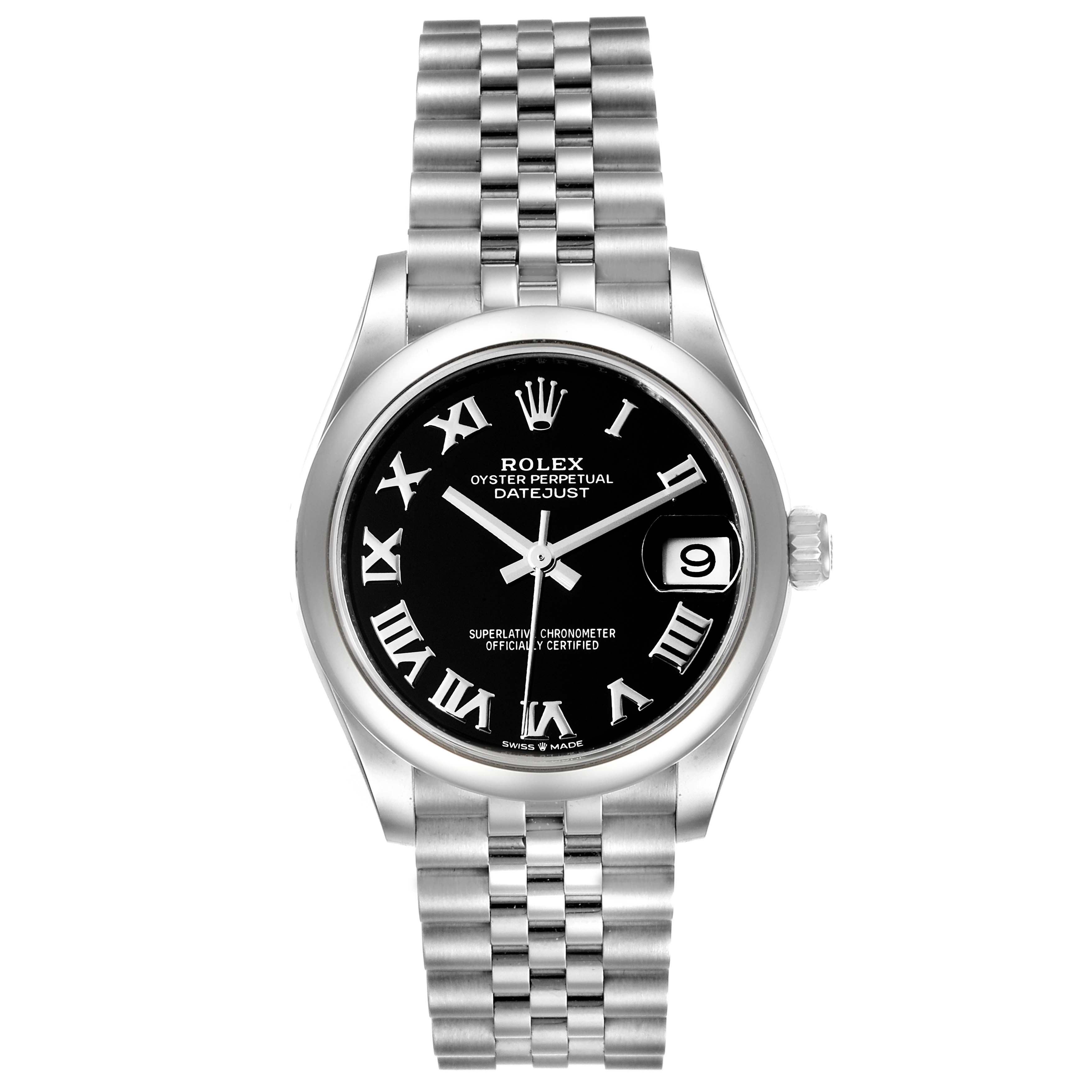 This Rolex Mid-Size 278240 Women
s Stainless Steel Black Dial 278240 Women
s Stainless Steel Black Dial Oyster Perpetual Datejust watch is shown from the front, highlighting its black dial, date window, and bracelet.