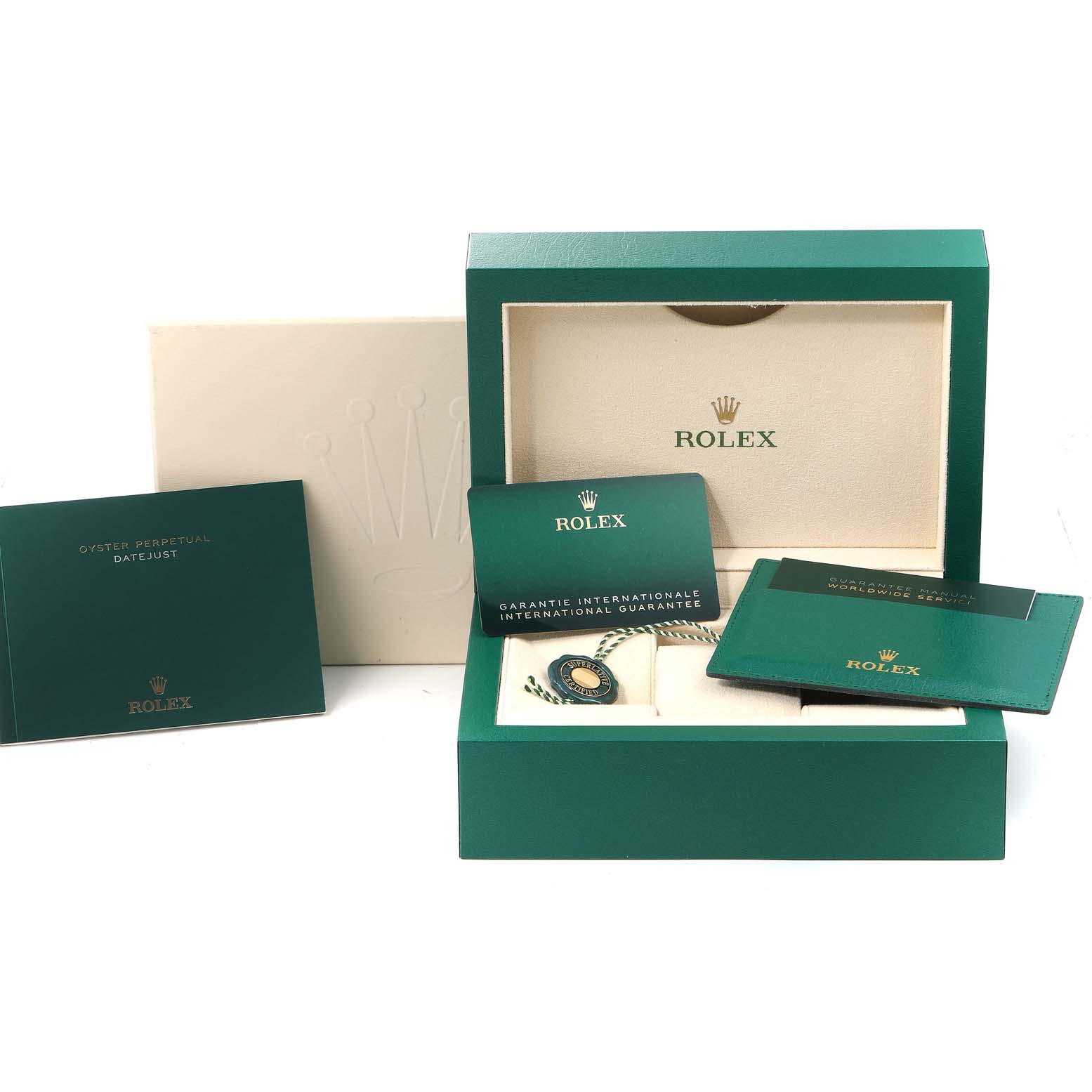 The image shows a Rolex Mid-Size 278240 Women
s Stainless Steel Black Dial 278240 Women
s Stainless Steel Black Dial model
s packaging, with the box, warranty card, booklet, and tag, viewed from the front.