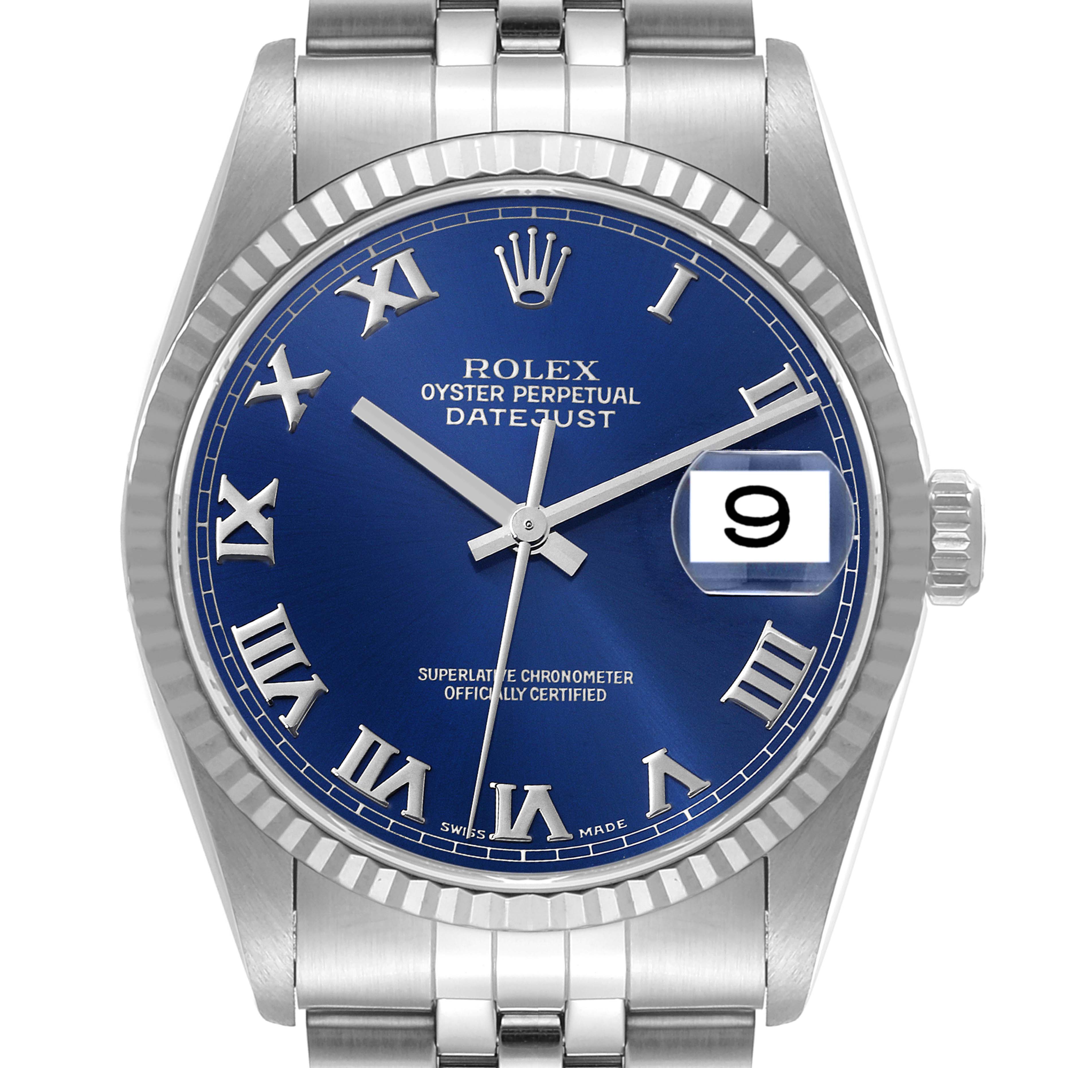 The image shows a front angle of a Rolex Datejust 16234 Men's Stainless Steel Blue Dial 16234 Men's Stainless Steel Blue Dial watch, highlighting its blue dial, Roman numerals, date window, and bracelet.
