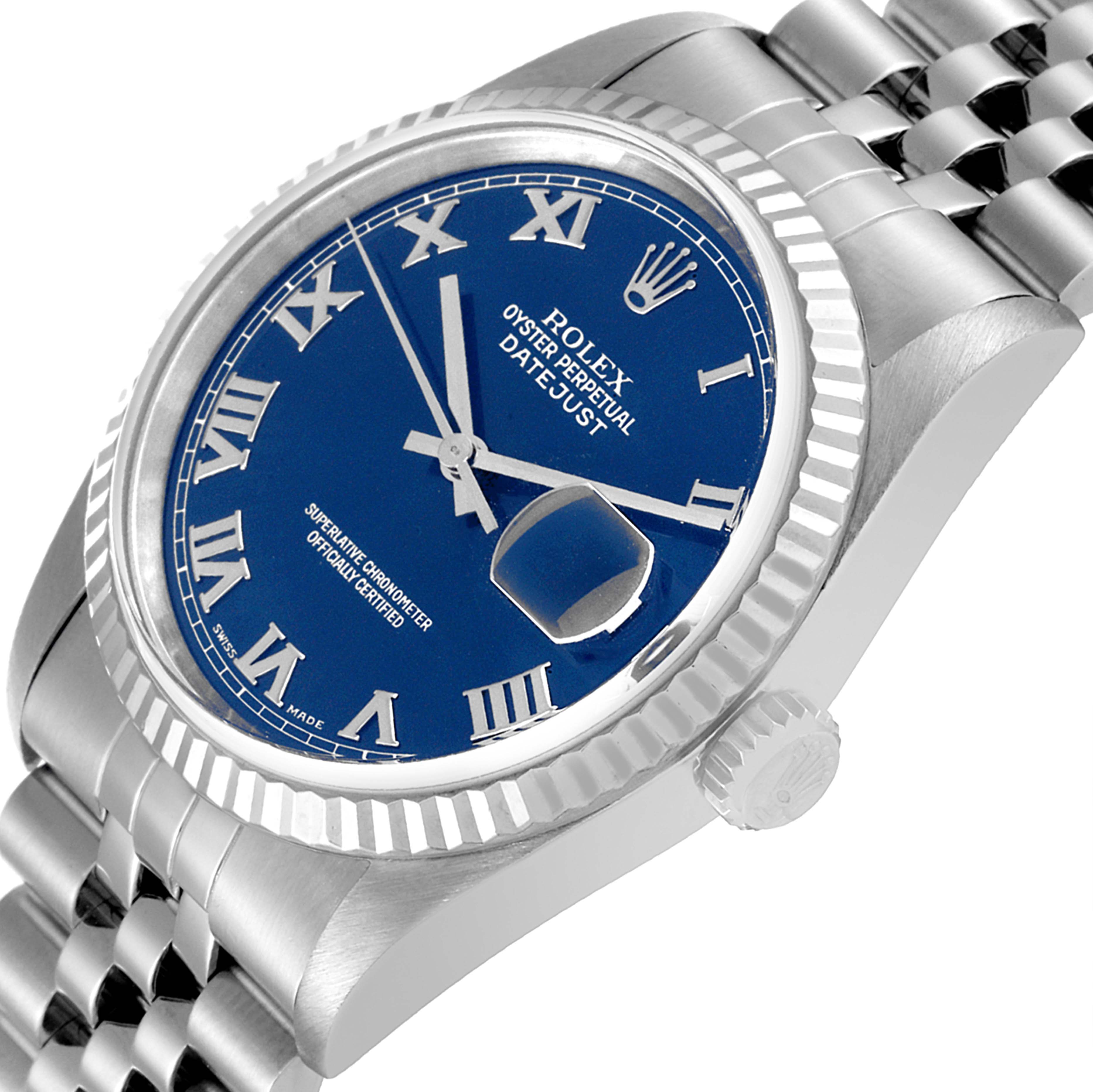 The image shows a close-up of the Rolex Datejust 16234 Men's Stainless Steel Blue Dial 16234 Men's Stainless Steel Blue Dial, highlighting the blue dial, Roman numerals, and part of the metallic bracelet from an angled side view.