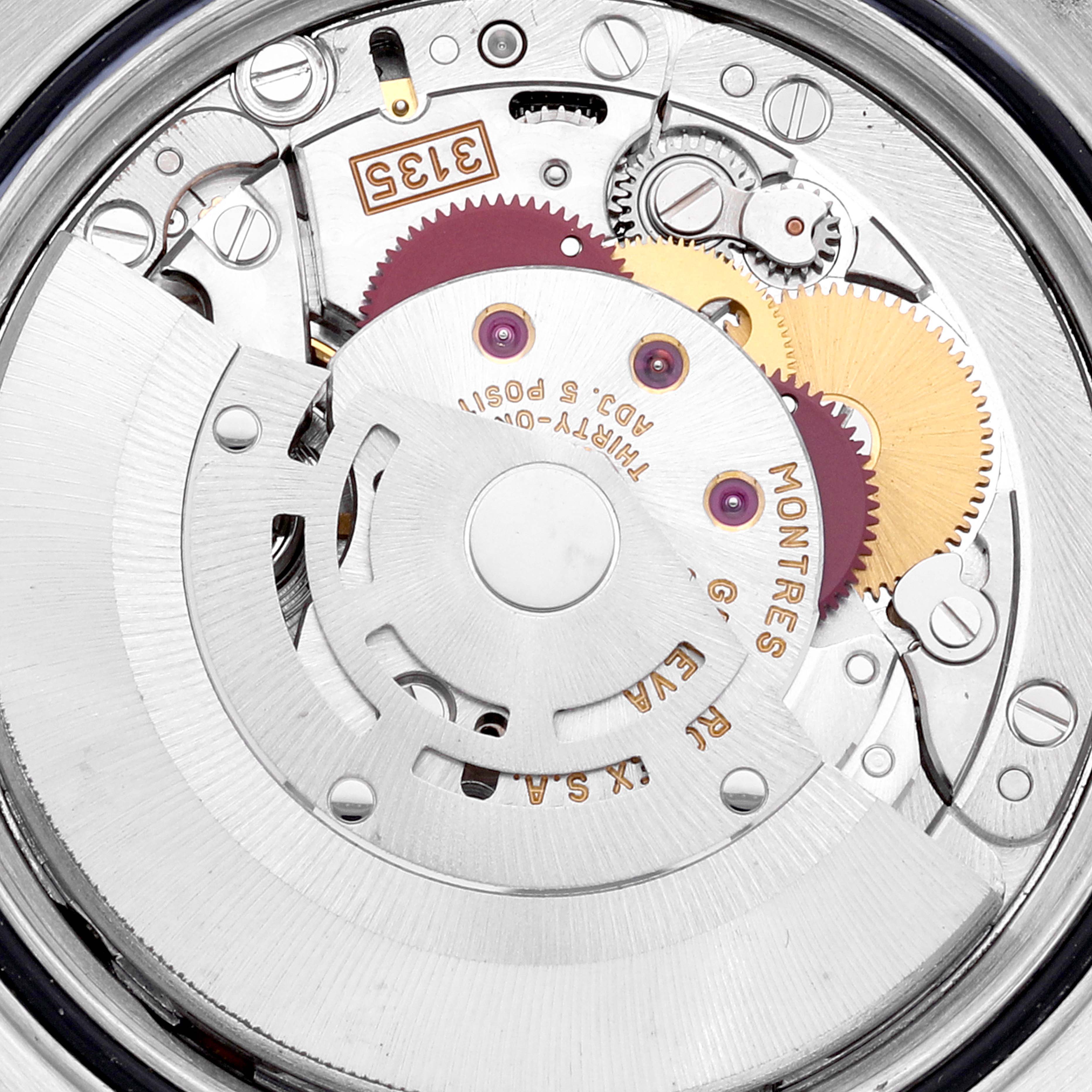 Close-up view of the movement and internal mechanics of a Rolex Datejust 16234 Men's Stainless Steel Blue Dial 16234 Men's Stainless Steel Blue Dial watch.