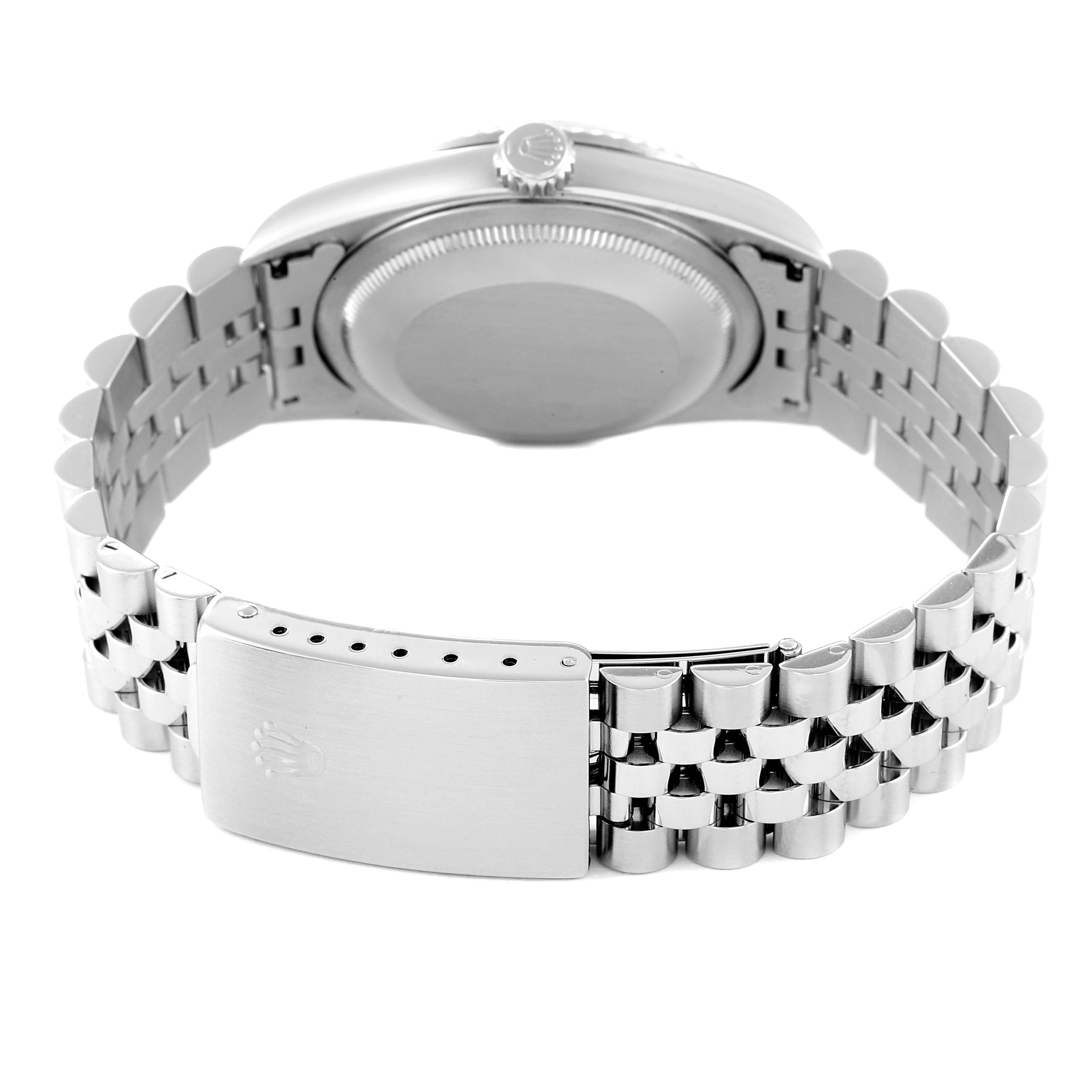 This image shows the back view of the Rolex Datejust 16234 Men's Stainless Steel Blue Dial 16234 Men's Stainless Steel Blue Dial watch, highlighting the case back, crown, and bracelet clasp.