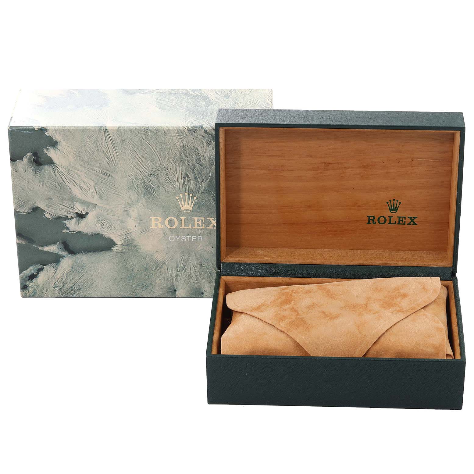 The image shows an open Rolex Datejust 16234 Men's Stainless Steel Blue Dial 16234 Men's Stainless Steel Blue Dial watch box with a soft suede-shaped cover inside and an outer box displaying the Rolex logo.