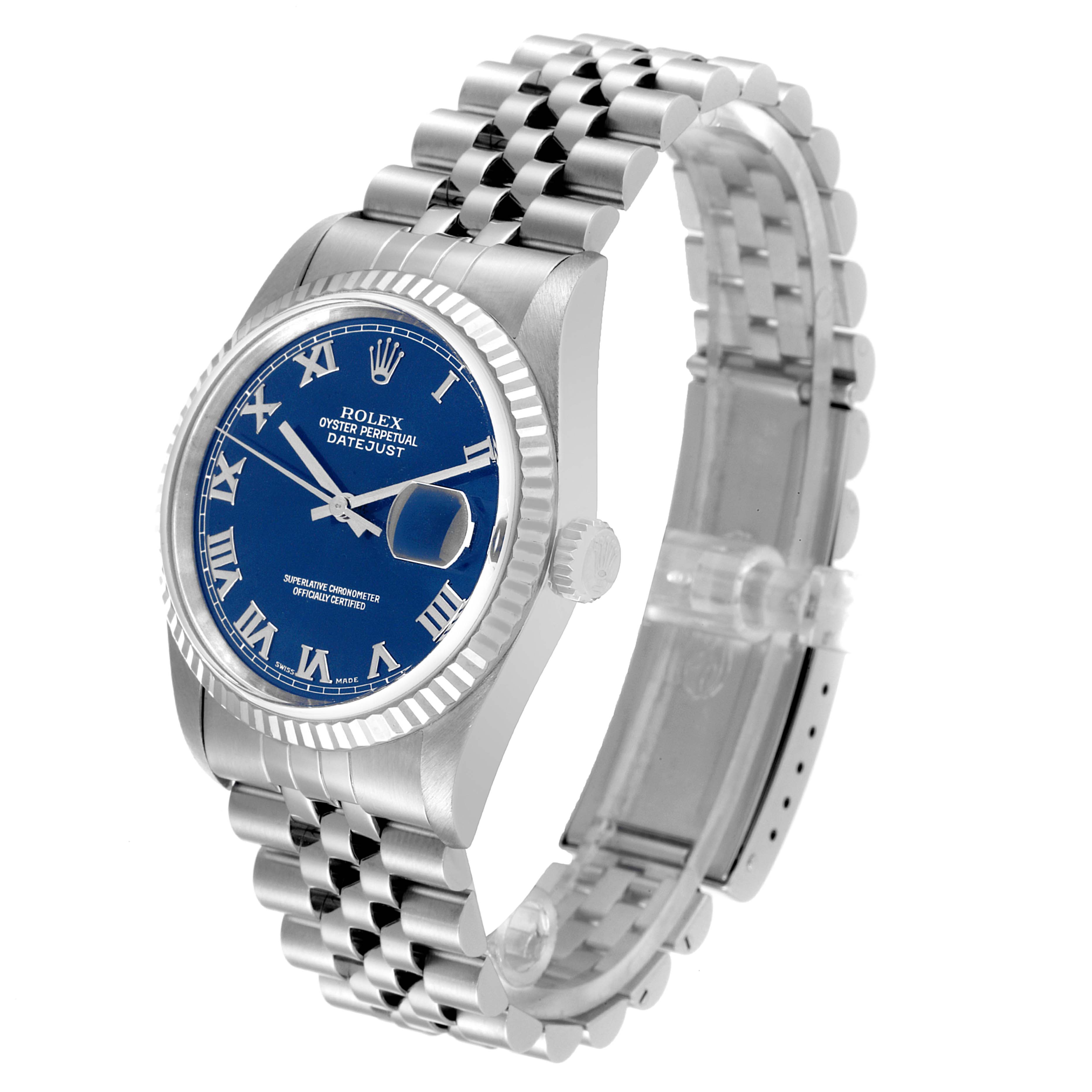 This image shows a Rolex Datejust 16234 Men's Stainless Steel Blue Dial 16234 Men's Stainless Steel Blue Dial watch at an oblique angle, highlighting the face, bezel, and bracelet.