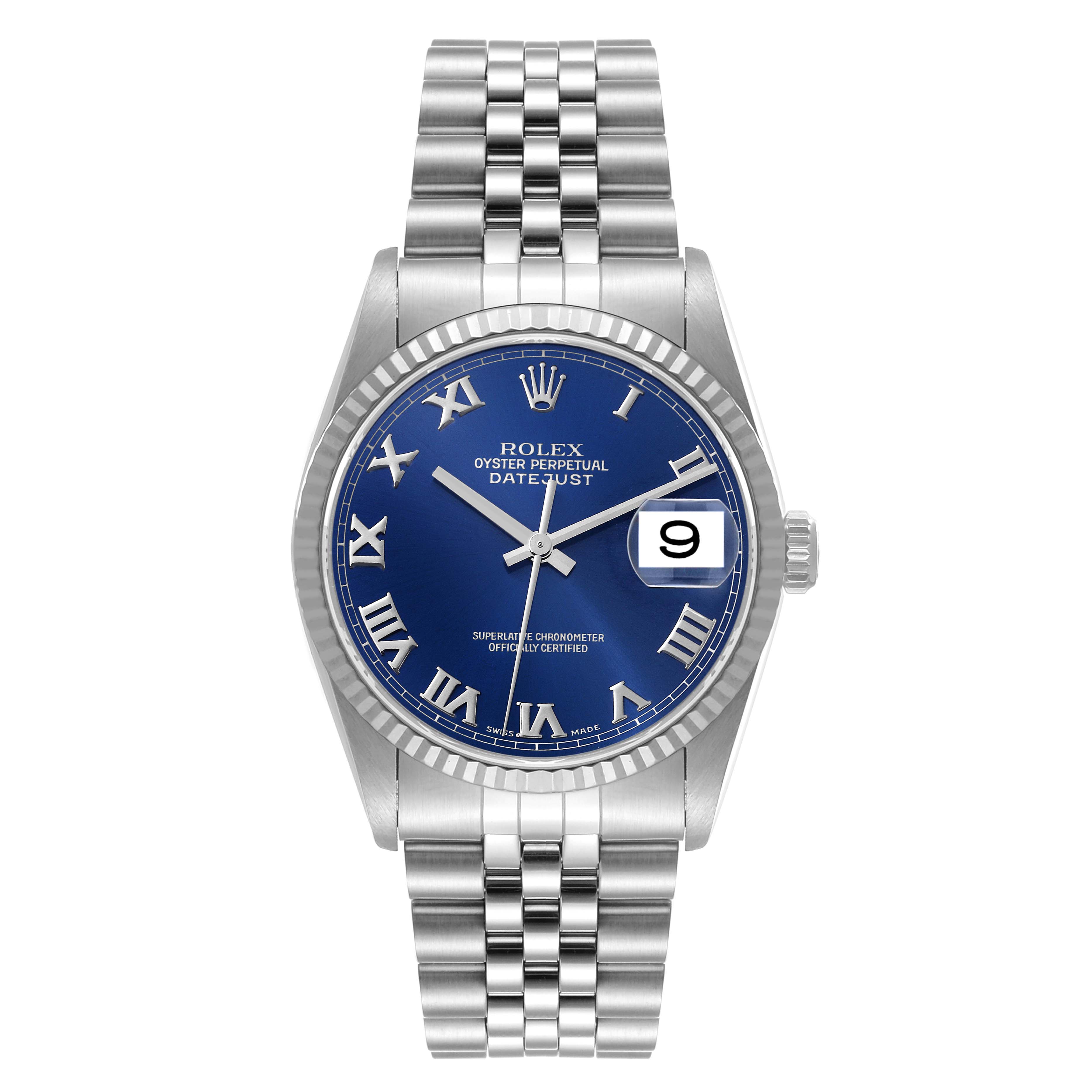 This image shows a Rolex Datejust 16234 Men's Stainless Steel Blue Dial 16234 Men's Stainless Steel Blue Dial watch from a front angle, displaying the face, bezel, and part of the bracelet.