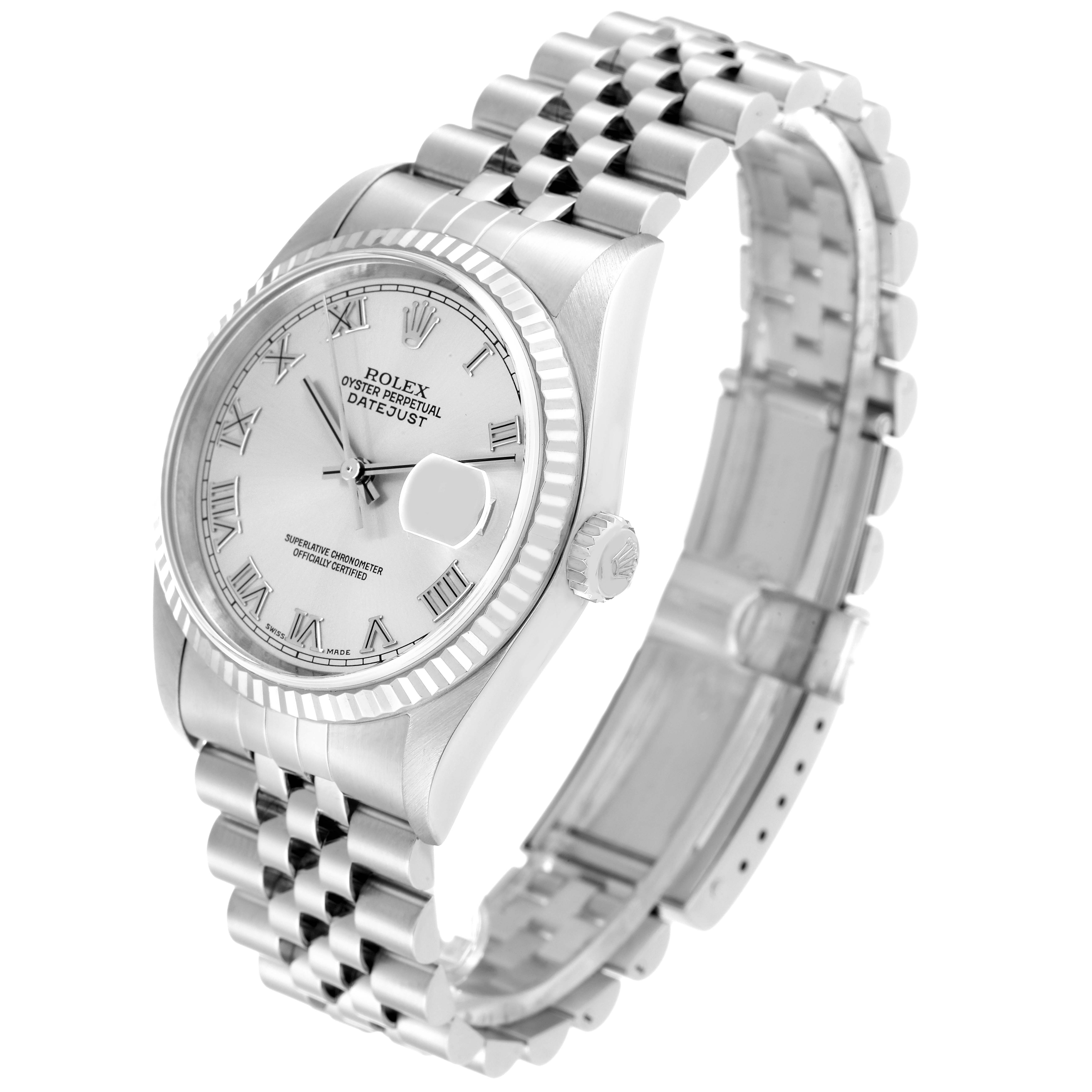 This image shows a Rolex Datejust 16234 Men's Stainless Steel Silver Dial 16234 Men's Stainless Steel Silver Dial watch from an angled side view, highlighting the face, fluted bezel, and Jubilee bracelet.
