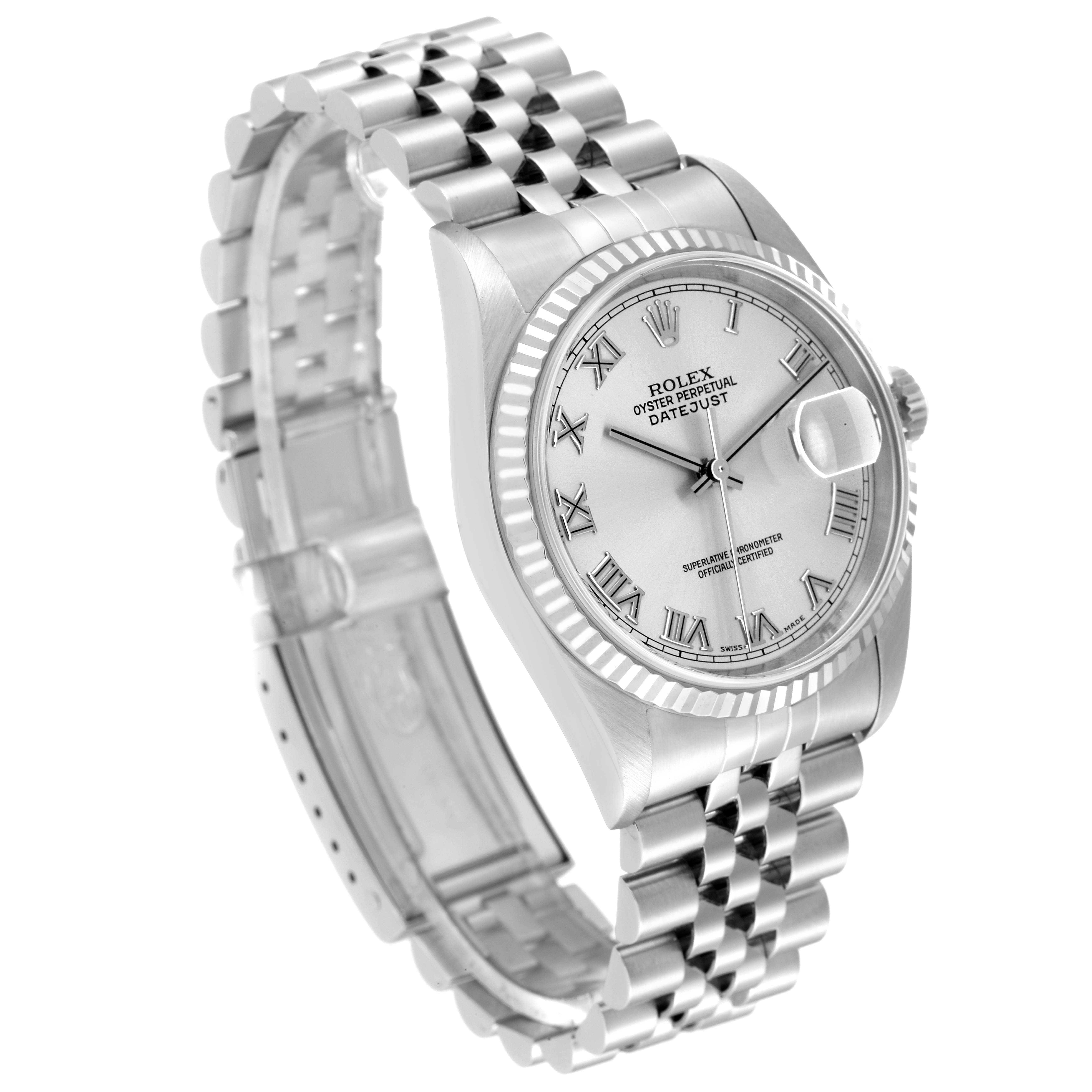 This image shows a Rolex Datejust 16234 Men's Stainless Steel Silver Dial 16234 Men's Stainless Steel Silver Dial watch at a three-quarter angle, highlighting the dial, bezel, and bracelet.