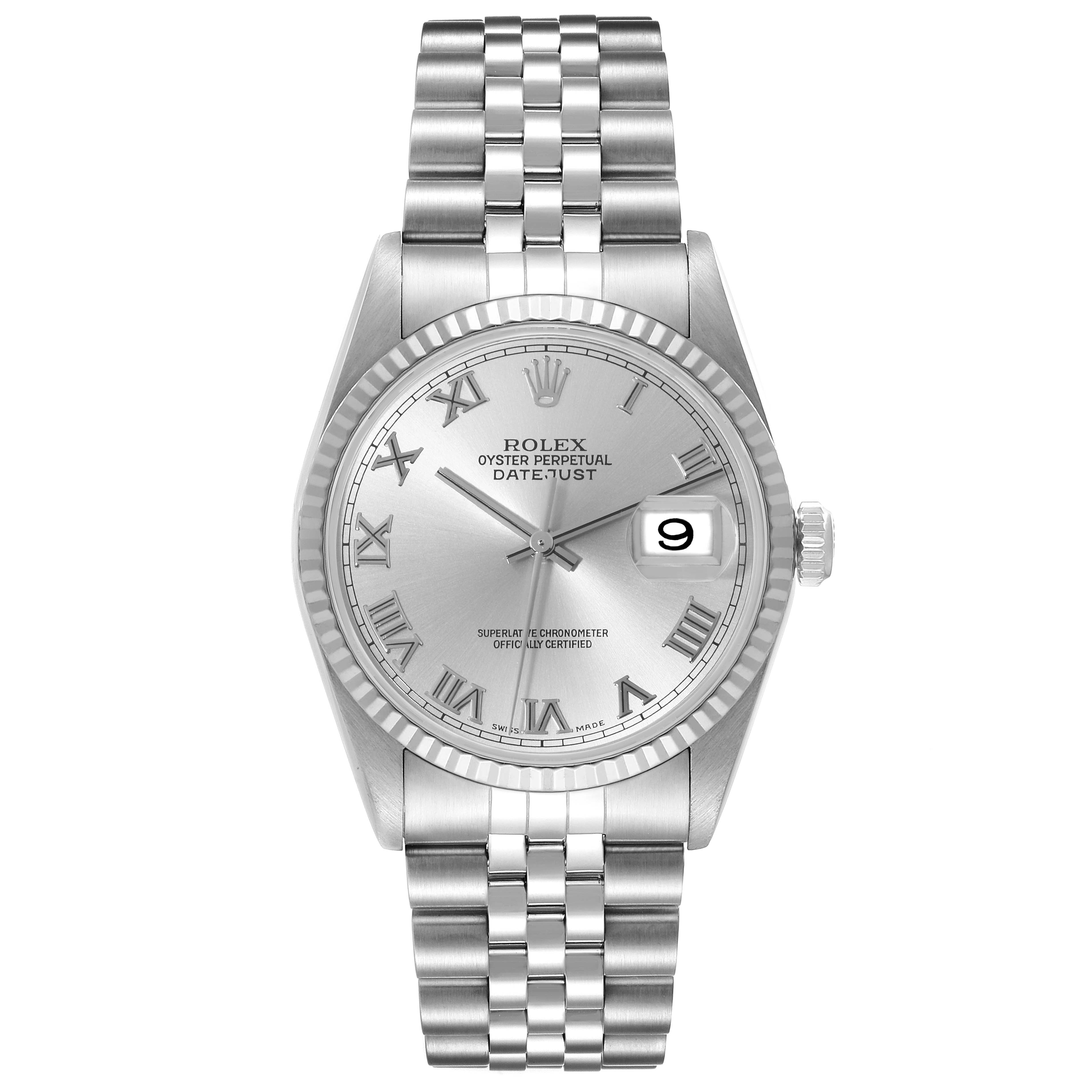 This image shows a full frontal view of a Rolex Datejust 16234 Men's Stainless Steel Silver Dial 16234 Men's Stainless Steel Silver Dial watch, displaying the dial, bracelet, and fluted bezel.