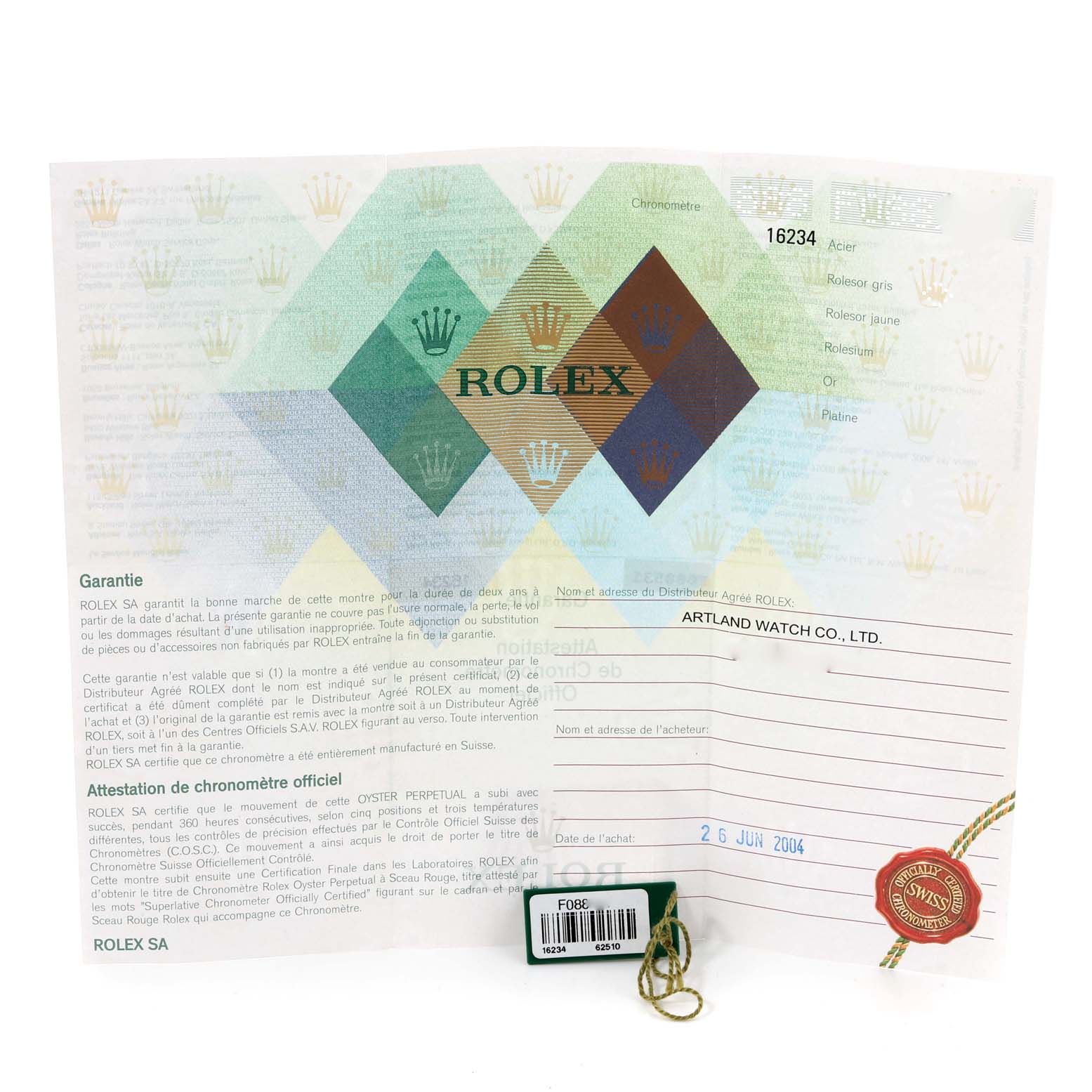 The image shows the warranty certificate and tag for a Rolex Datejust 16234 Men's Stainless Steel Silver Dial 16234 Men's Stainless Steel Silver Dial model, highlighting details like the date of purchase and distributer.