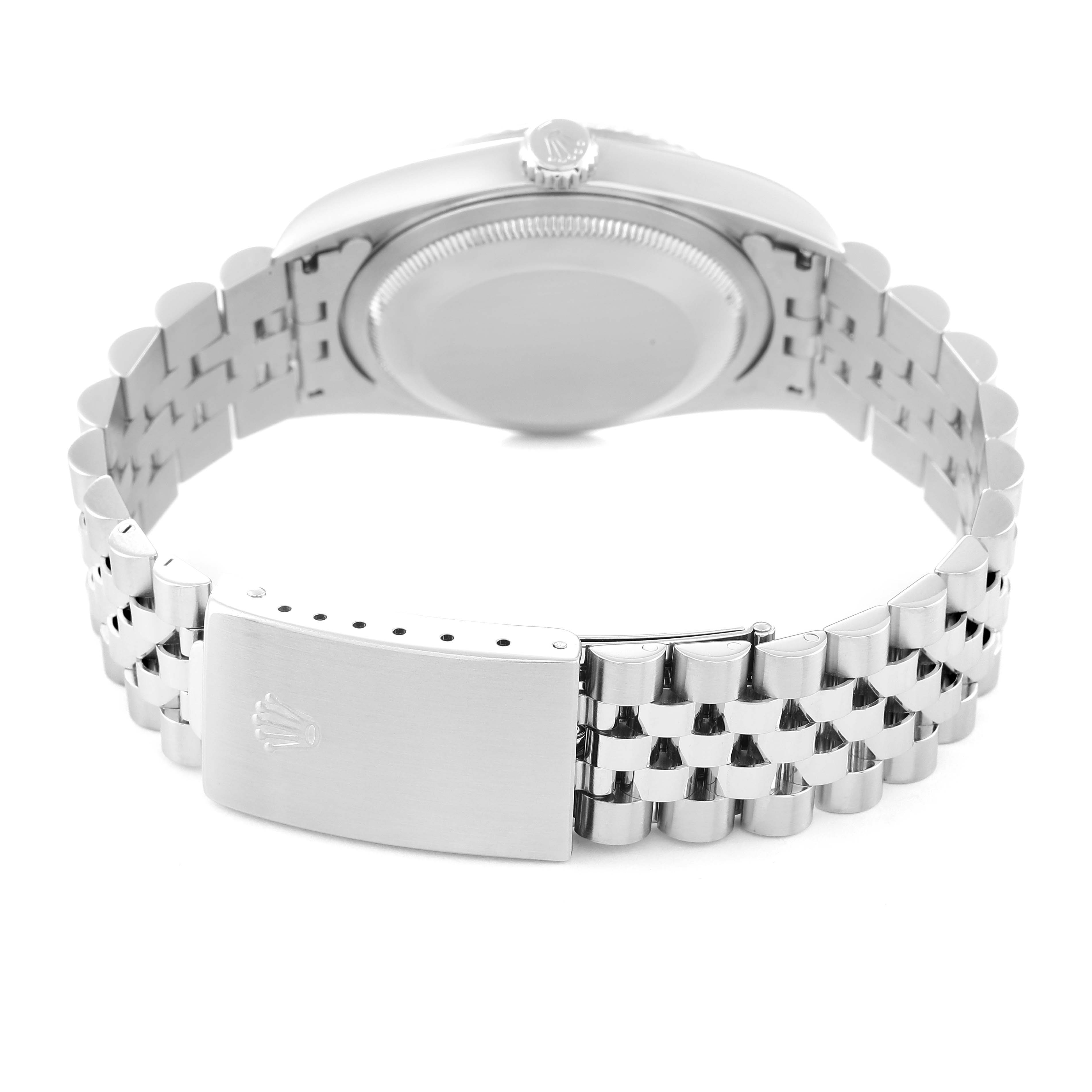 The image shows the back and clasp of a Rolex Datejust 16234 Men's Stainless Steel Silver Dial 16234 Men's Stainless Steel Silver Dial watch with a stainless steel Jubilee bracelet.