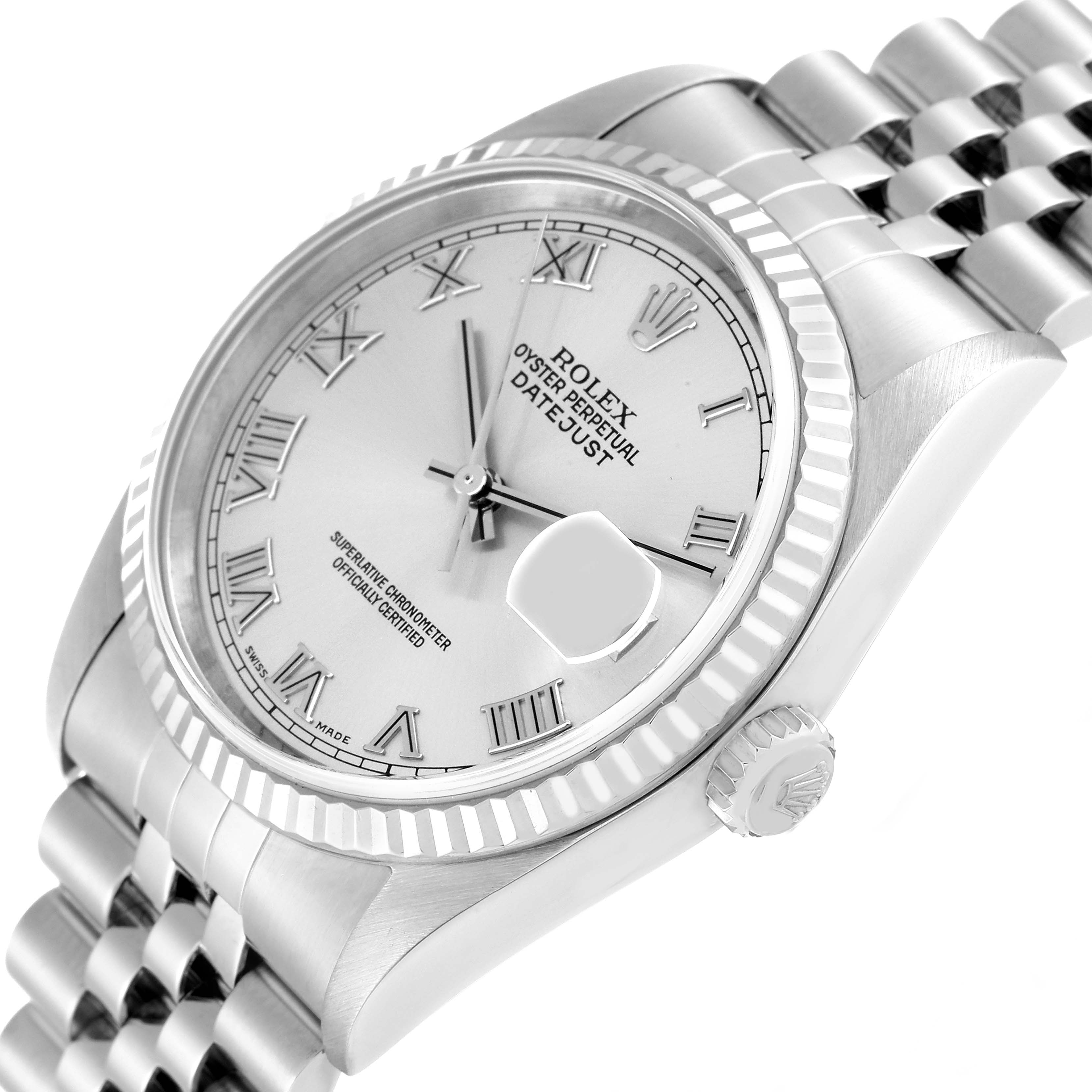 The image shows the face, bezel, crown, and part of the bracelet of a Rolex Datejust 16234 Men's Stainless Steel Silver Dial 16234 Men's Stainless Steel Silver Dial watch at a slight angle.