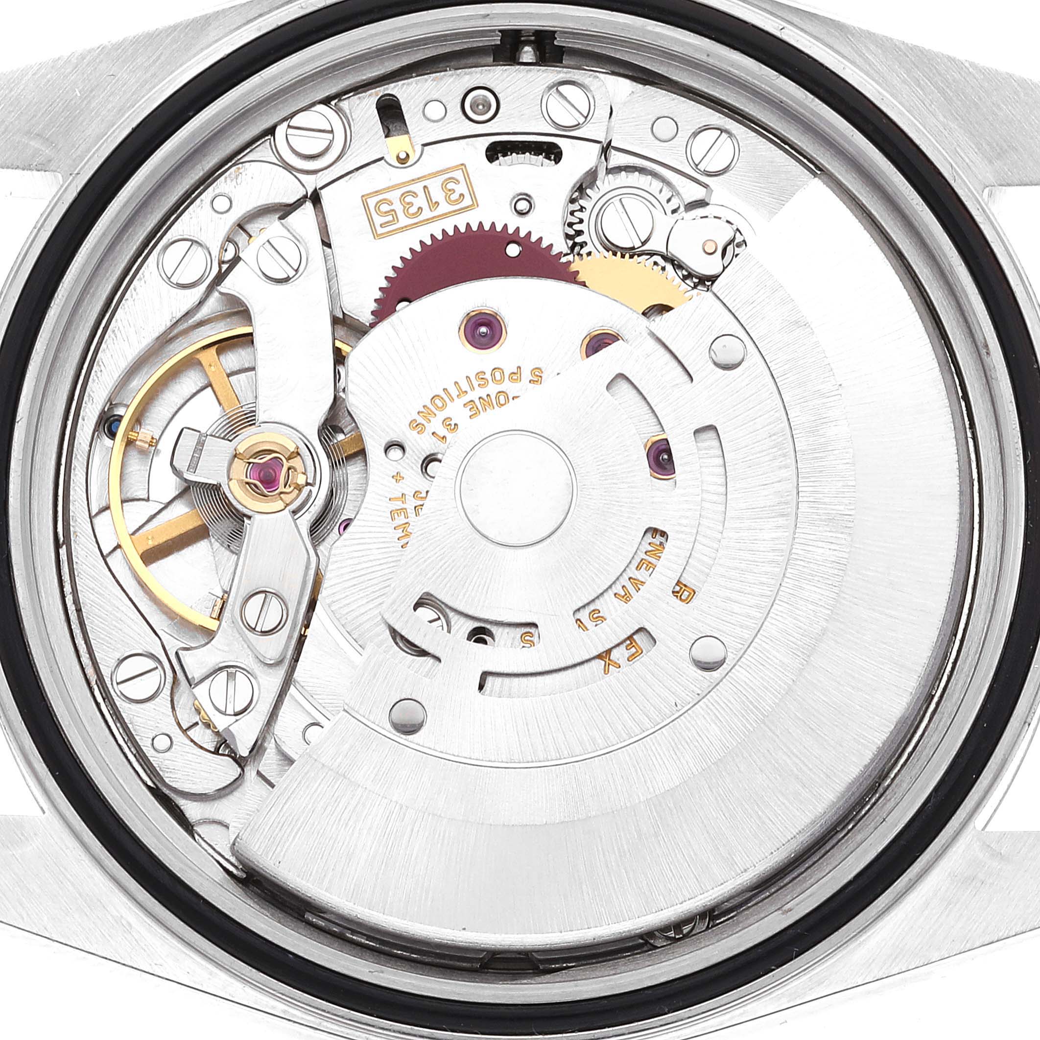 This image shows the intricate internal mechanism of a Rolex Datejust 16234 Men's Stainless Steel Silver Dial 16234 Men's Stainless Steel Silver Dial watch from a rear angle.