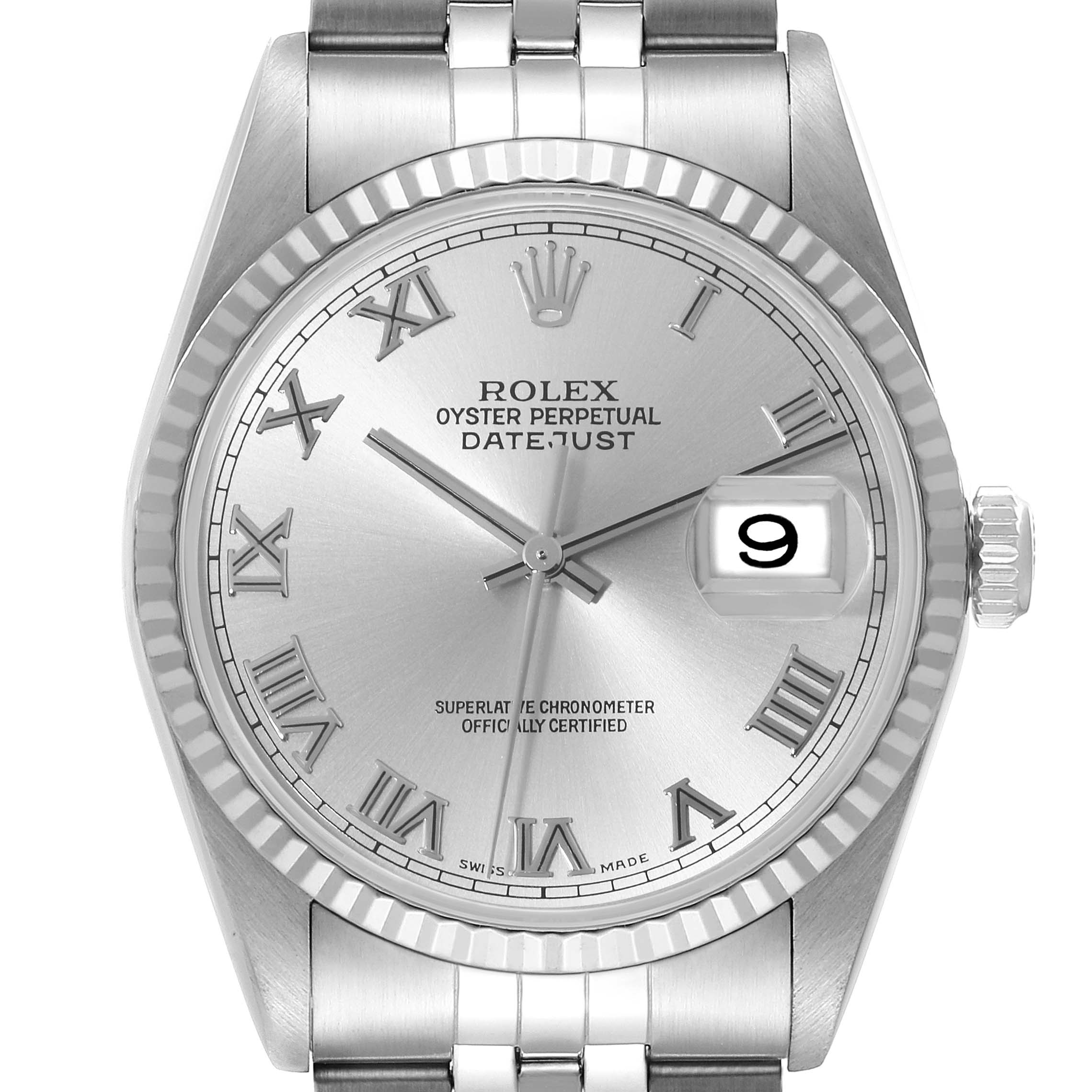 This image shows the front angle of a Rolex Datejust 16234 Men's Stainless Steel Silver Dial 16234 Men's Stainless Steel Silver Dial watch, highlighting the dial, hands, date window, bezel, and part of the bracelet.