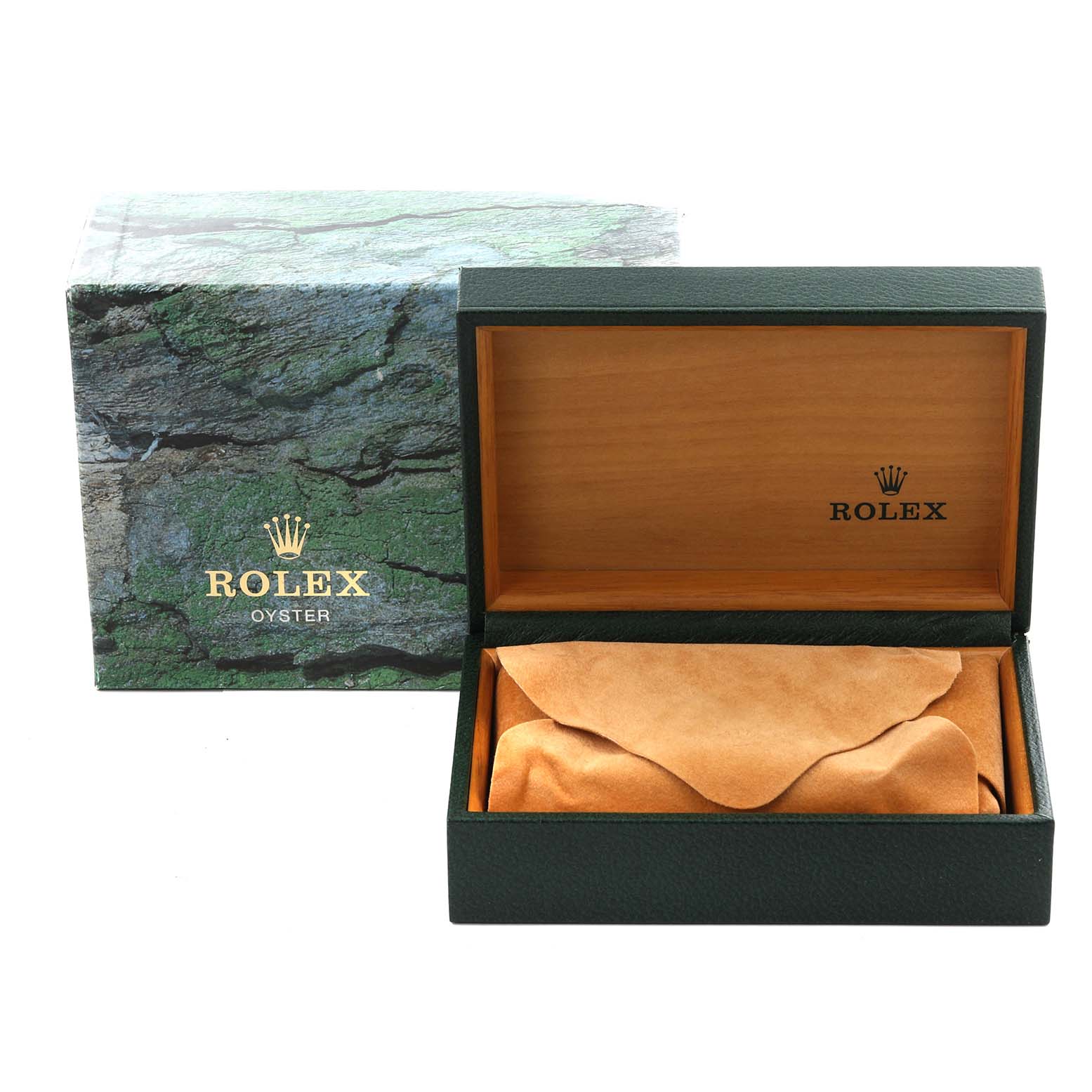 The image shows a Rolex Datejust 16233 Men's Steel and Gold (two tone) Champagne Dial 16233 Men's Steel and Gold (two tone) Champagne Dial watch box and protective pouch, both viewed from the front.