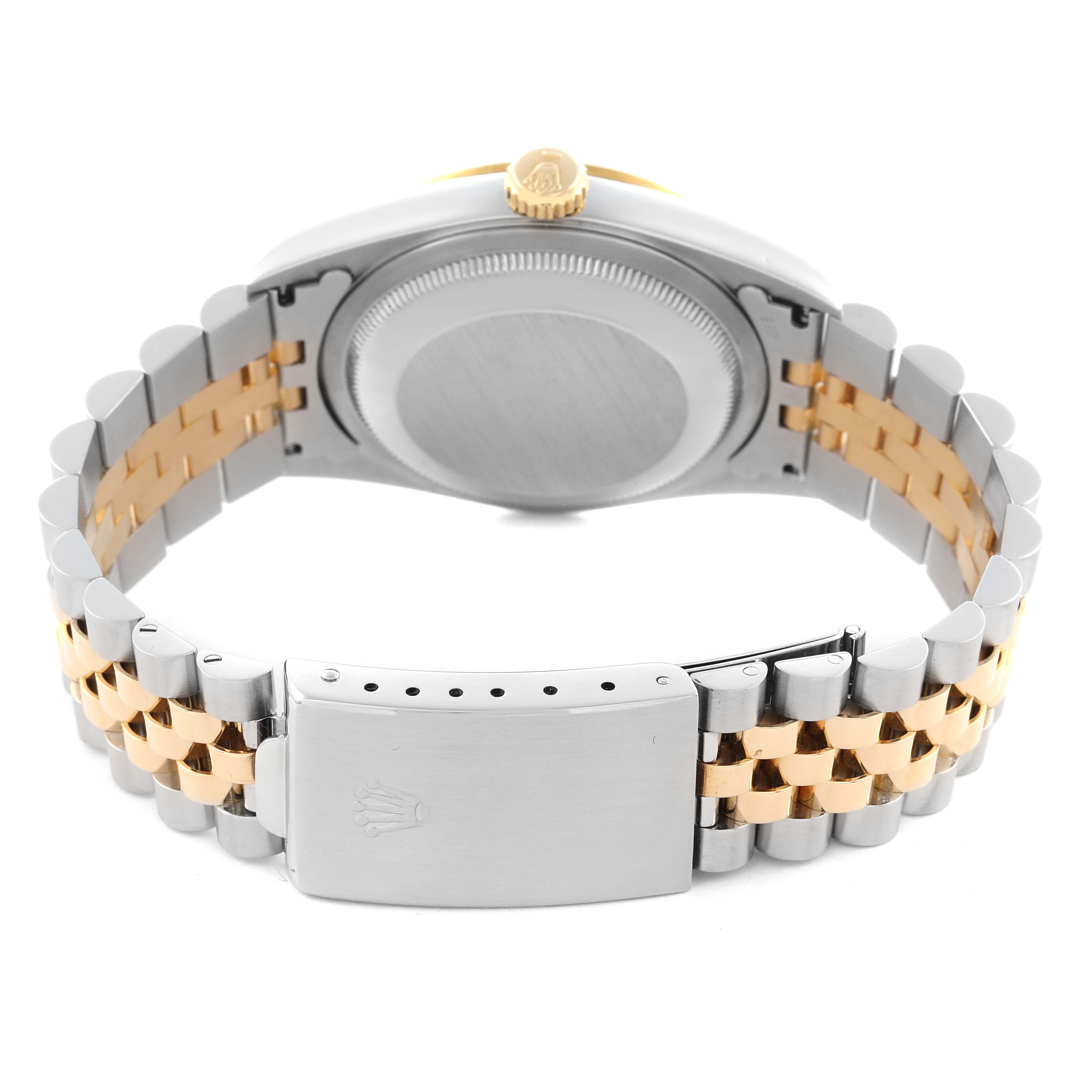 The image shows the back of the Rolex Datejust 16233 Men's Steel and Gold (two tone) Champagne Dial 16233 Men's Steel and Gold (two tone) Champagne Dial, featuring its case, crown, and two-tone bracelet with clasp.