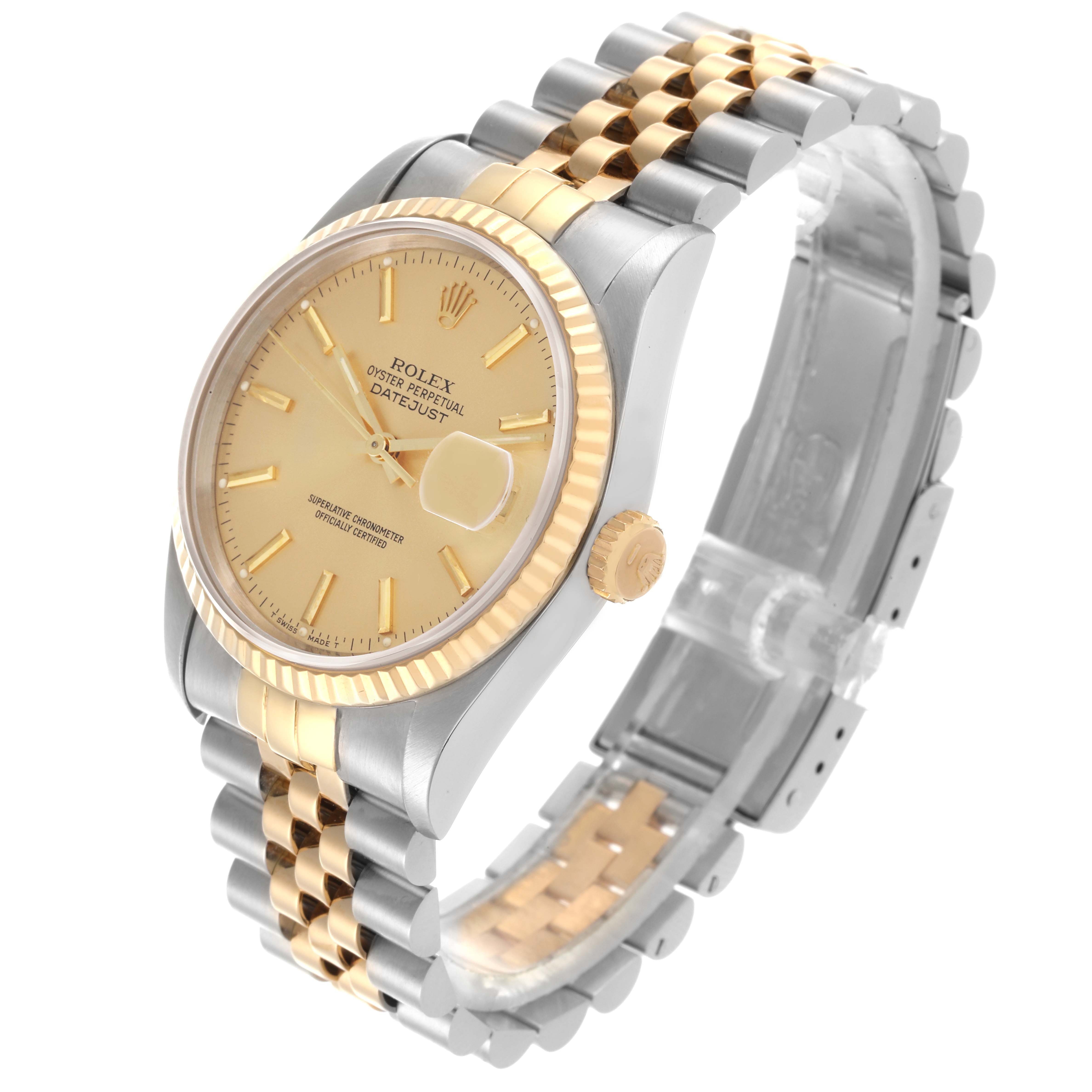 The Rolex Datejust 16233 Men's Steel and Gold (two tone) Champagne Dial 16233 Men's Steel and Gold (two tone) Champagne Dial watch is shown at an angled view highlighting the face, bezel, crown, and two-tone bracelet.