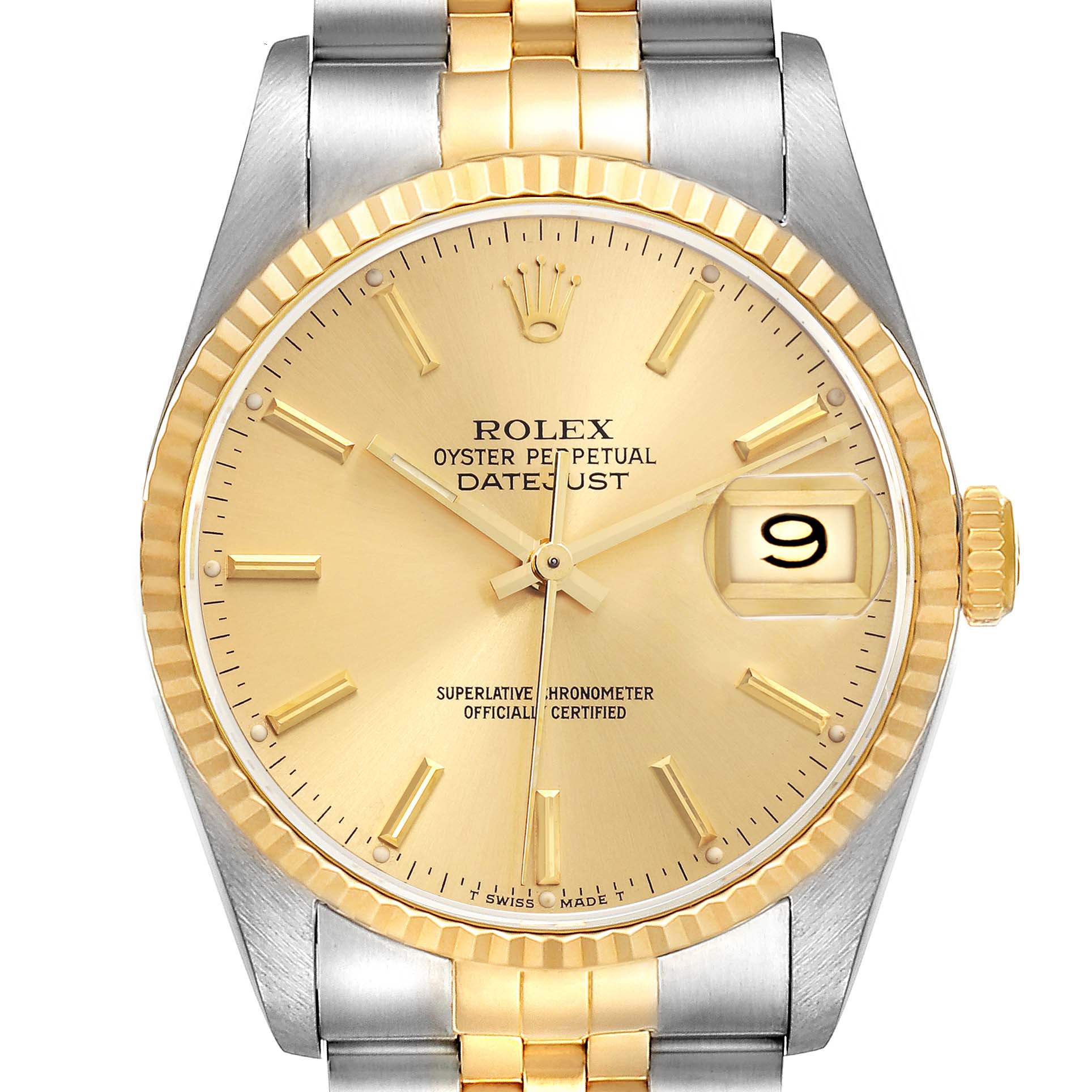 The Rolex Datejust 16233 Men's Steel and Gold (two tone) Champagne Dial 16233 Men's Steel and Gold (two tone) Champagne Dial watch is shown from the front, displaying the dial, fluted bezel, date window, and part of the bracelet.