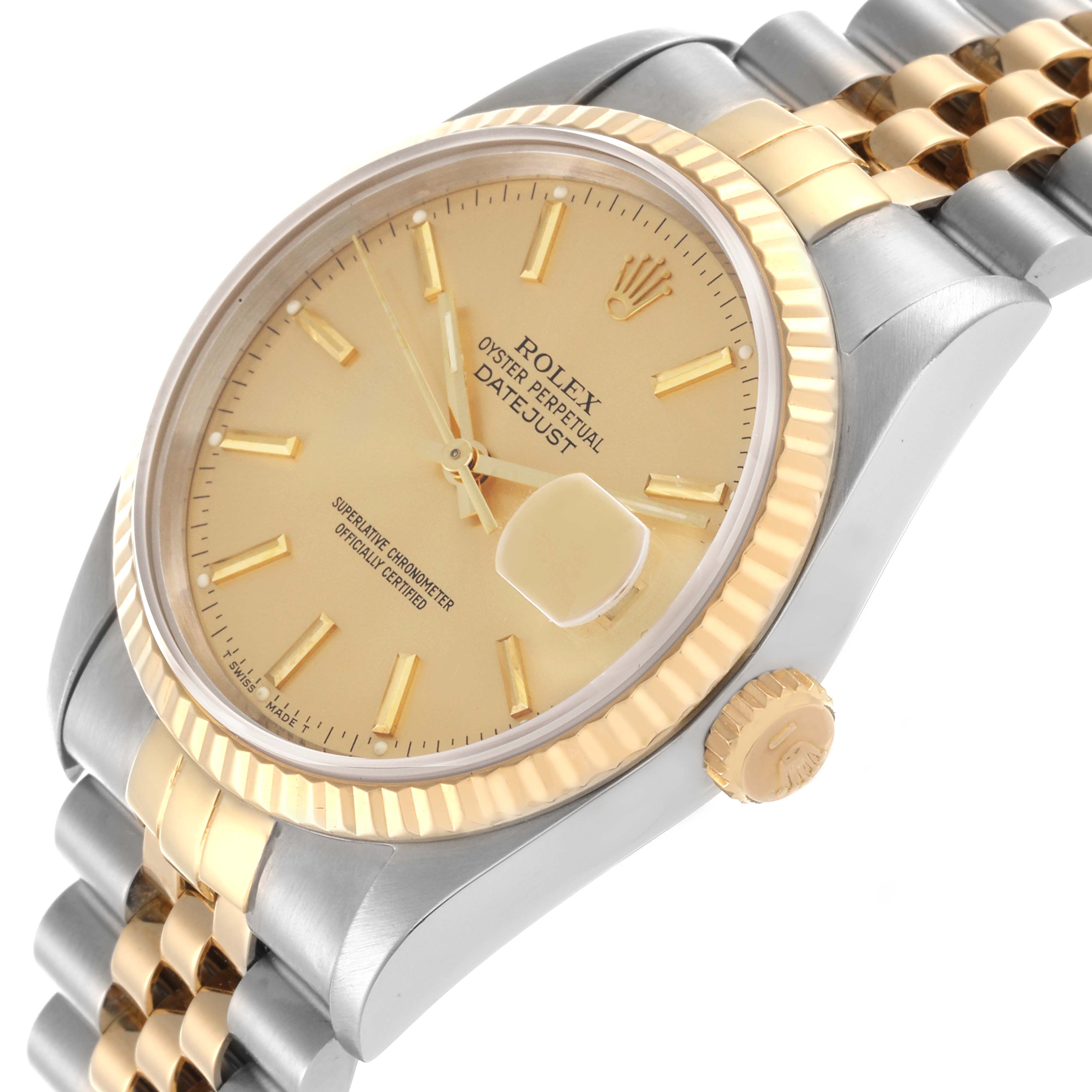 The Rolex Datejust 16233 Men's Steel and Gold (two tone) Champagne Dial 16233 Men's Steel and Gold (two tone) Champagne Dial is shown at an angle highlighting the dial, fluted bezel, crown, and Jubilee bracelet.