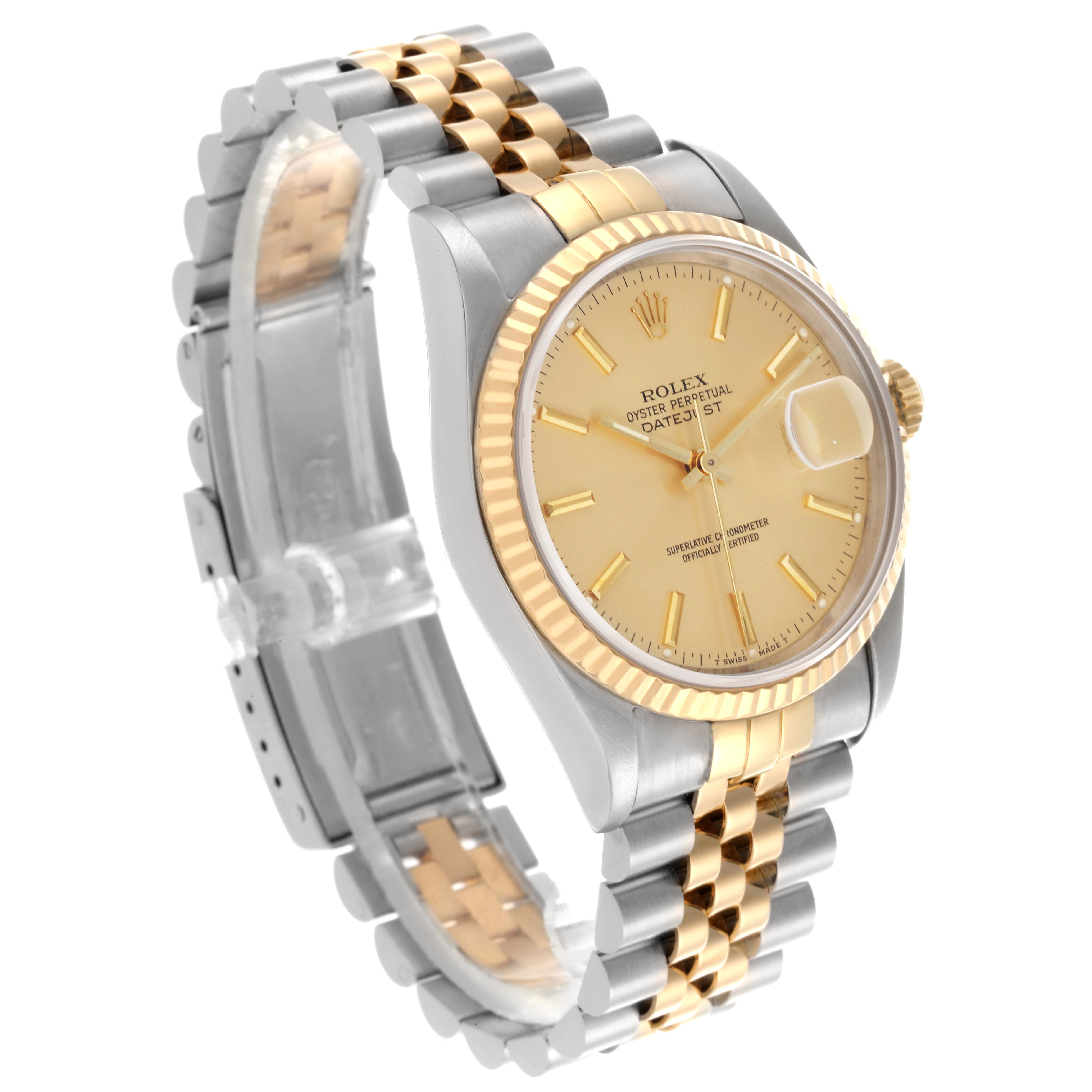 The image shows a Rolex Datejust 16233 Men's Steel and Gold (two tone) Champagne Dial 16233 Men's Steel and Gold (two tone) Champagne Dial watch from an angled side view with a gold dial and two-tone Jubilee bracelet.