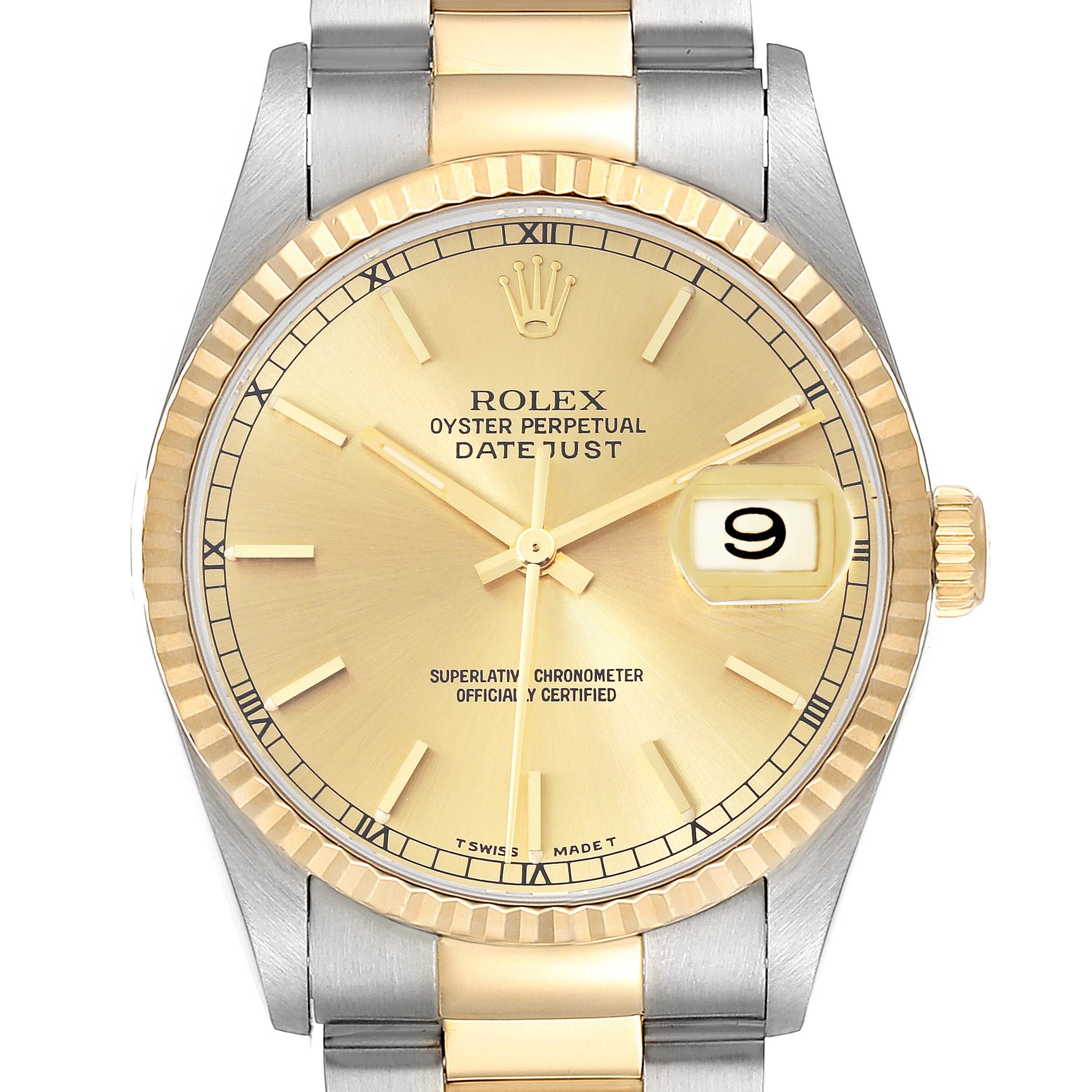 The Rolex Datejust 16233 Men's Steel and Gold (two tone) Champagne Dial 16233 Men's Steel and Gold (two tone) Champagne Dial watch is shown from the front, highlighting its face, bezel, hands, and part of the bracelet.