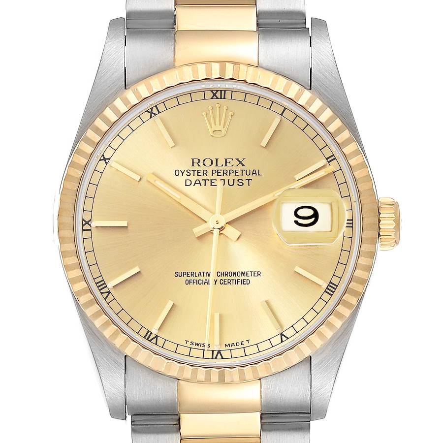 The Rolex Datejust watch is shown from the front, highlighting its face, bezel, hands, and part of the bracelet.