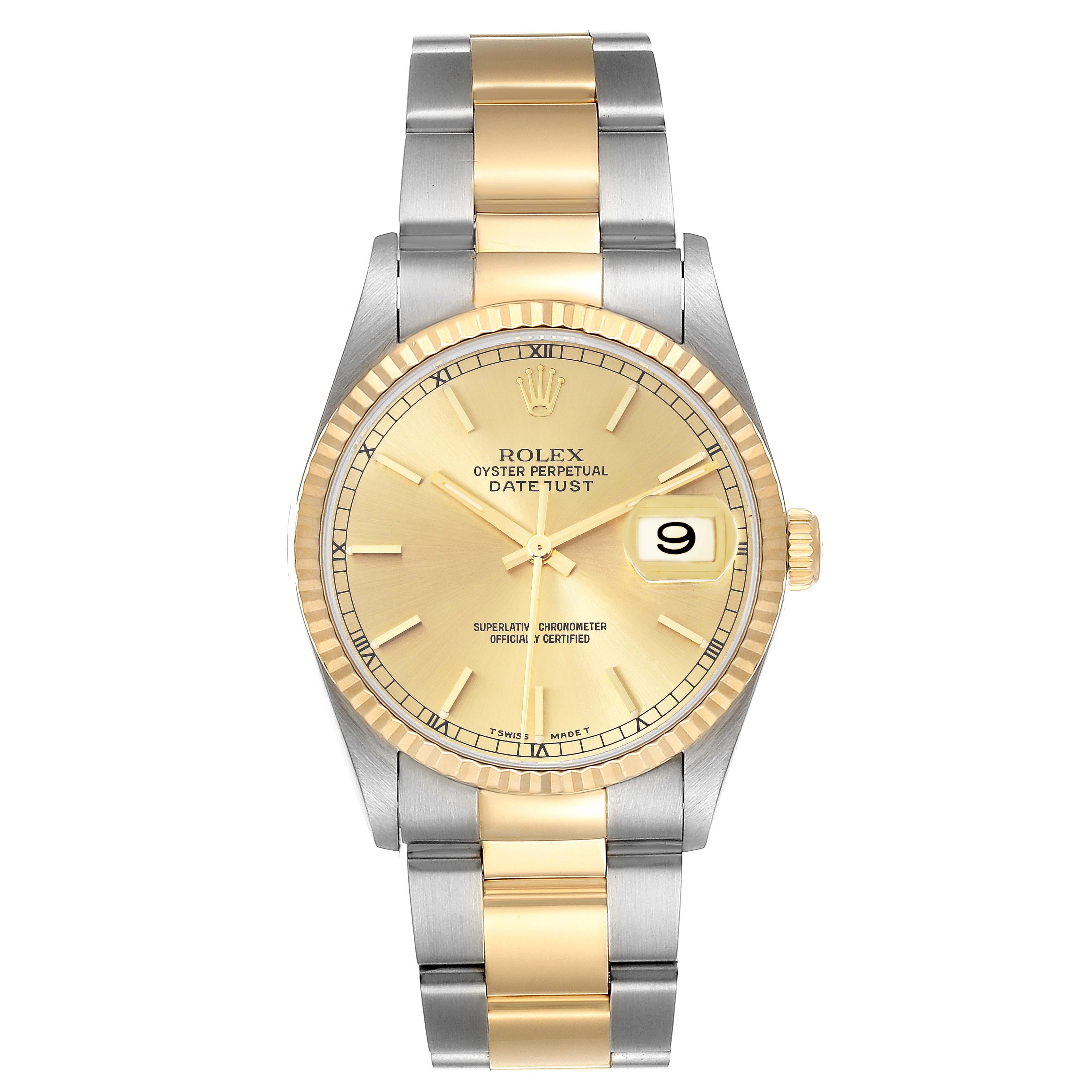 The Rolex Datejust 16233 Men's Steel and Gold (two tone) Champagne Dial 16233 Men's Steel and Gold (two tone) Champagne Dial watch is shown front-facing, highlighting its gold dial, bezel, and two-tone bracelet.