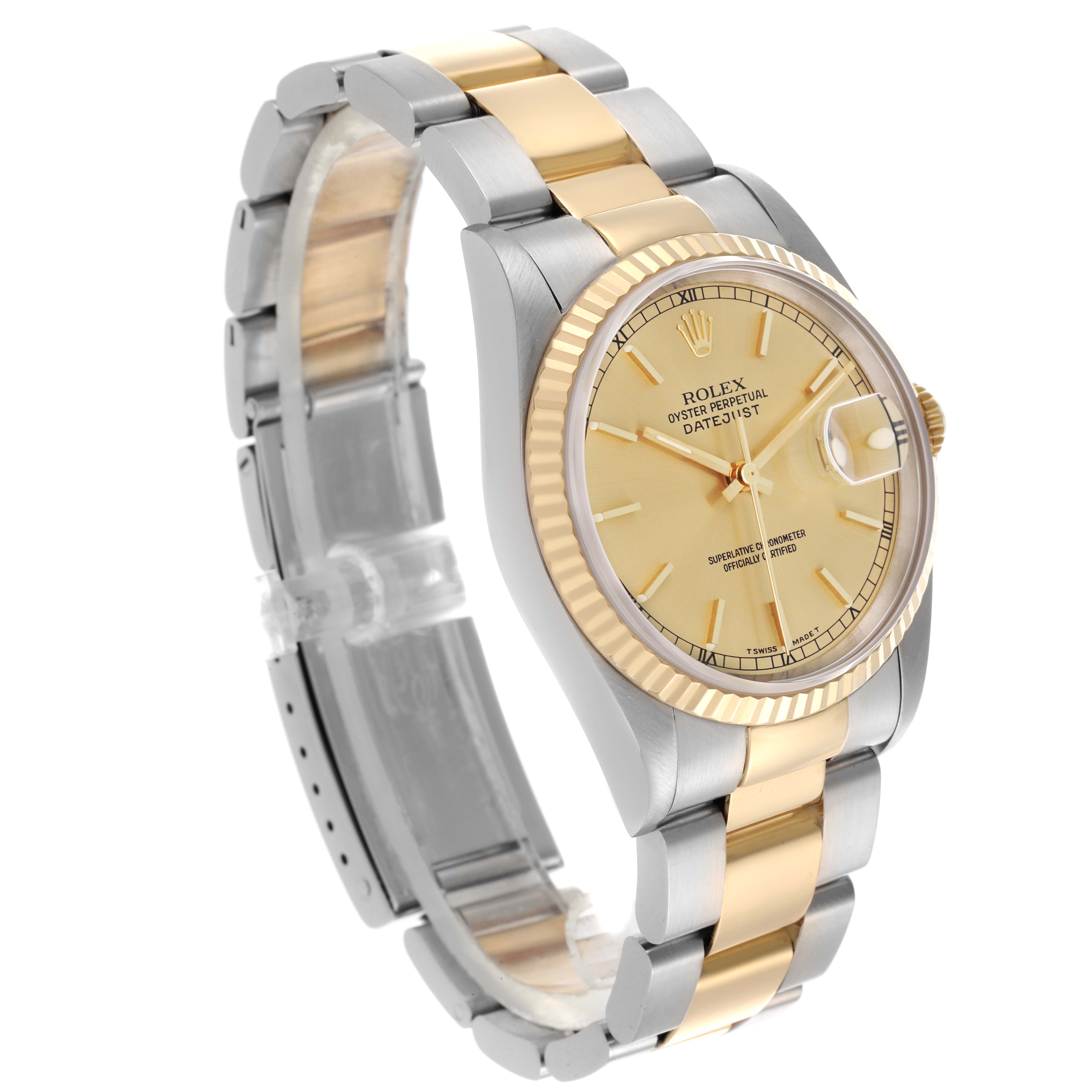 The Rolex Datejust 16233 Men's Steel and Gold (two tone) Champagne Dial 16233 Men's Steel and Gold (two tone) Champagne Dial watch is shown at a 3/4 angle, highlighting the dial, bezel, and two-tone bracelet.