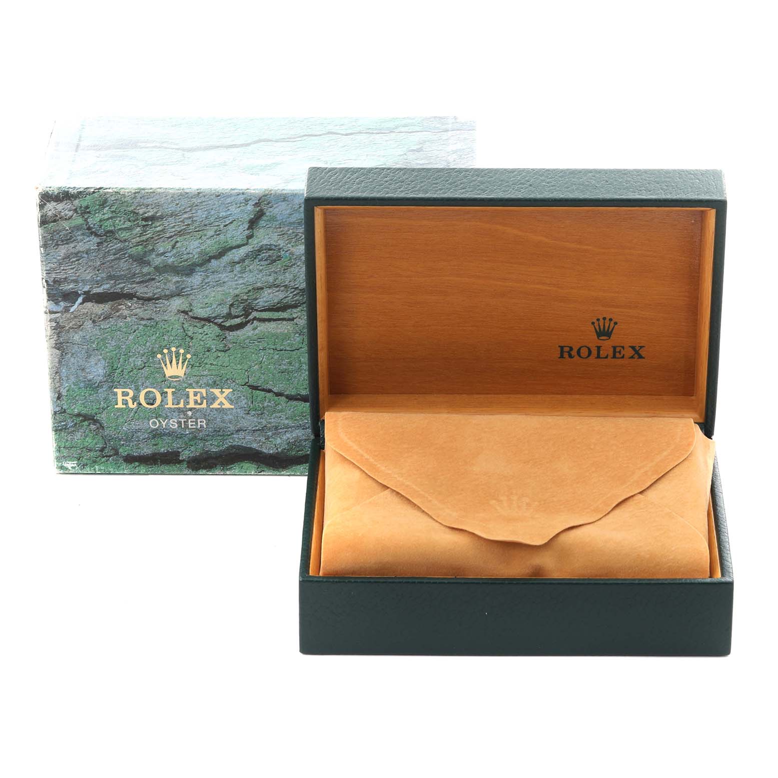 The image shows a Rolex Datejust 16233 Men's Steel and Gold (two tone) Champagne Dial 16233 Men's Steel and Gold (two tone) Champagne Dial watch box and pouch, viewed from the front with brand logos visible.