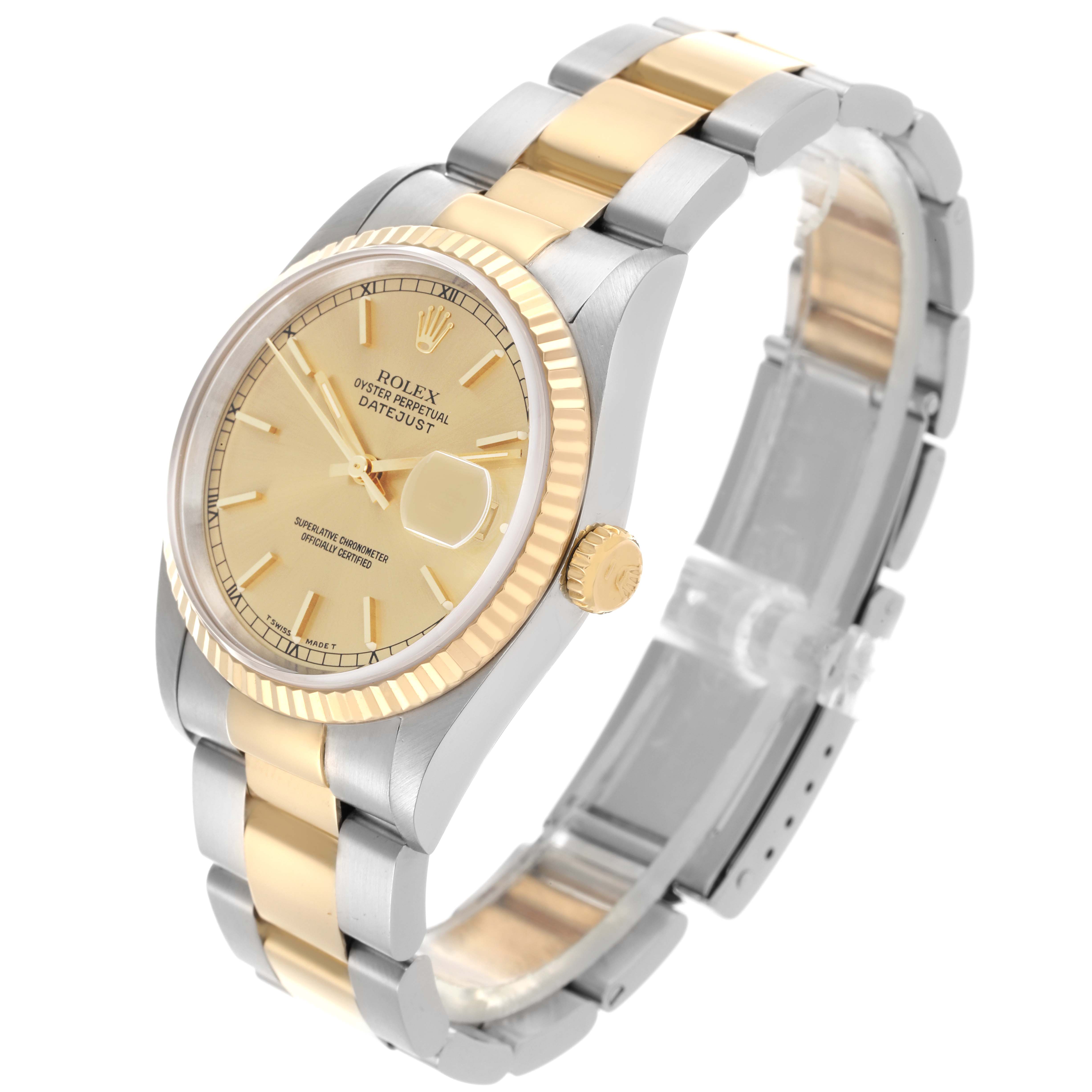 The Rolex Datejust 16233 Men's Steel and Gold (two tone) Champagne Dial 16233 Men's Steel and Gold (two tone) Champagne Dial is shown at a three-quarter angle, highlighting the bracelet, bezel, dial, and crown.