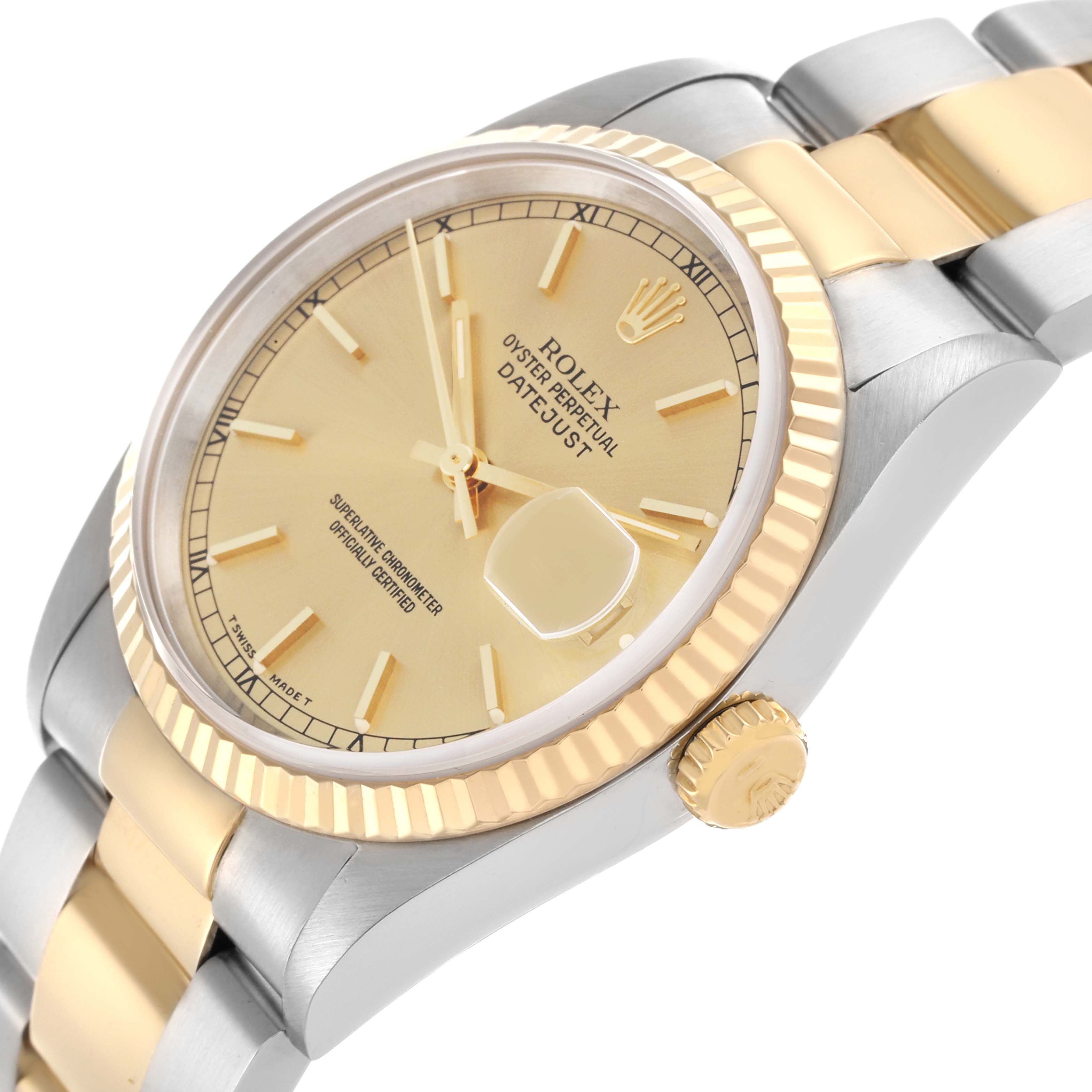 The Rolex Datejust 16233 Men's Steel and Gold (two tone) Champagne Dial 16233 Men's Steel and Gold (two tone) Champagne Dial watch is shown at a slight angle, highlighting the dial, bezel, crown, and band.