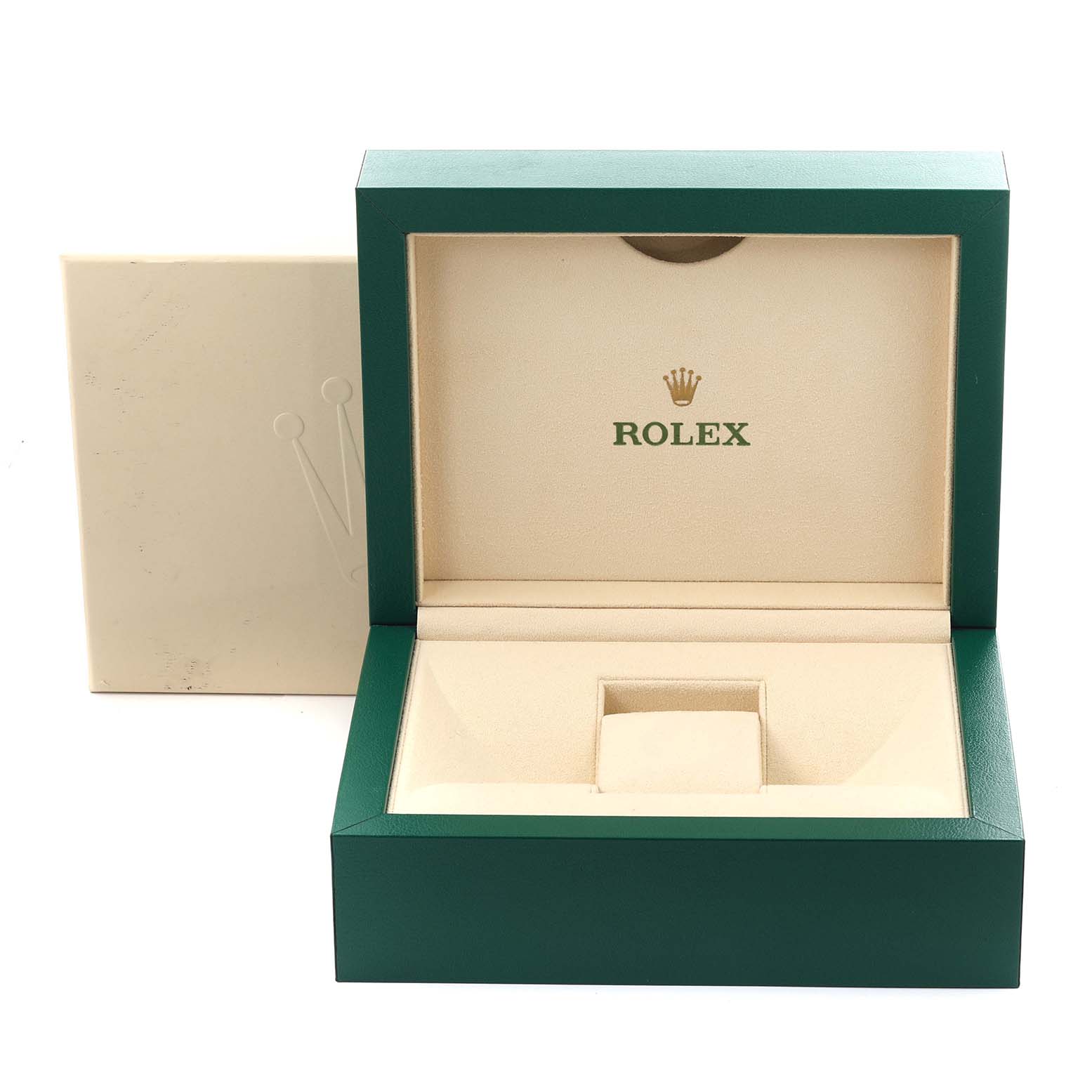 The image shows an open Rolex Datejust 41 126300 Men
s Stainless Steel Blue Dial 126300 Men
s Stainless Steel Blue Dial watch box, displaying the interior and the branded cover.