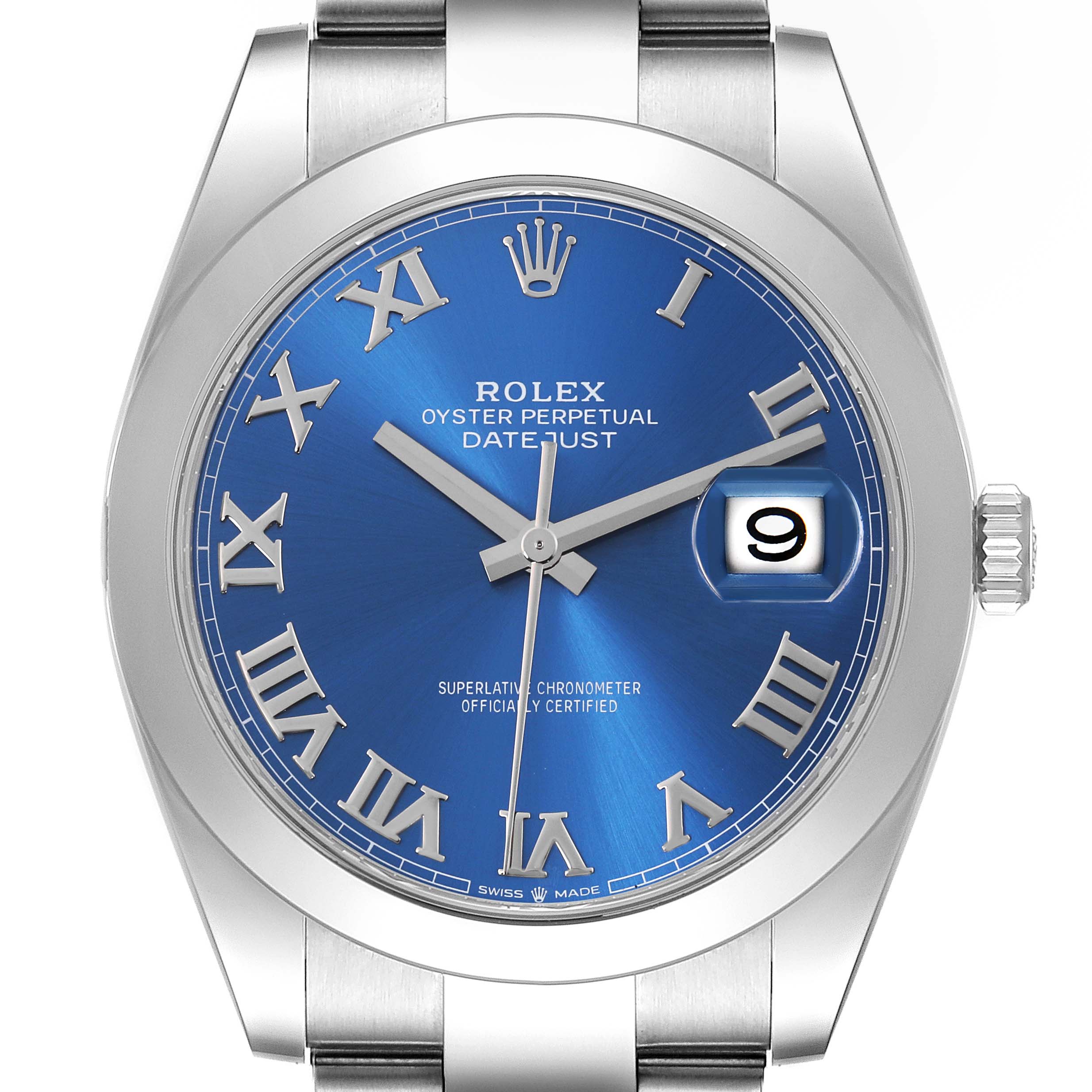The image shows a front view of the Rolex Datejust 41 126300 Men
s Stainless Steel Blue Dial 126300 Men
s Stainless Steel Blue Dial, highlighting the blue dial, Roman numerals, and Cyclops date window.