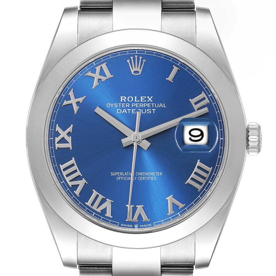 The image shows a front view of the Rolex Datejust 41, highlighting the blue dial, Roman numerals, and Cyclops date window.