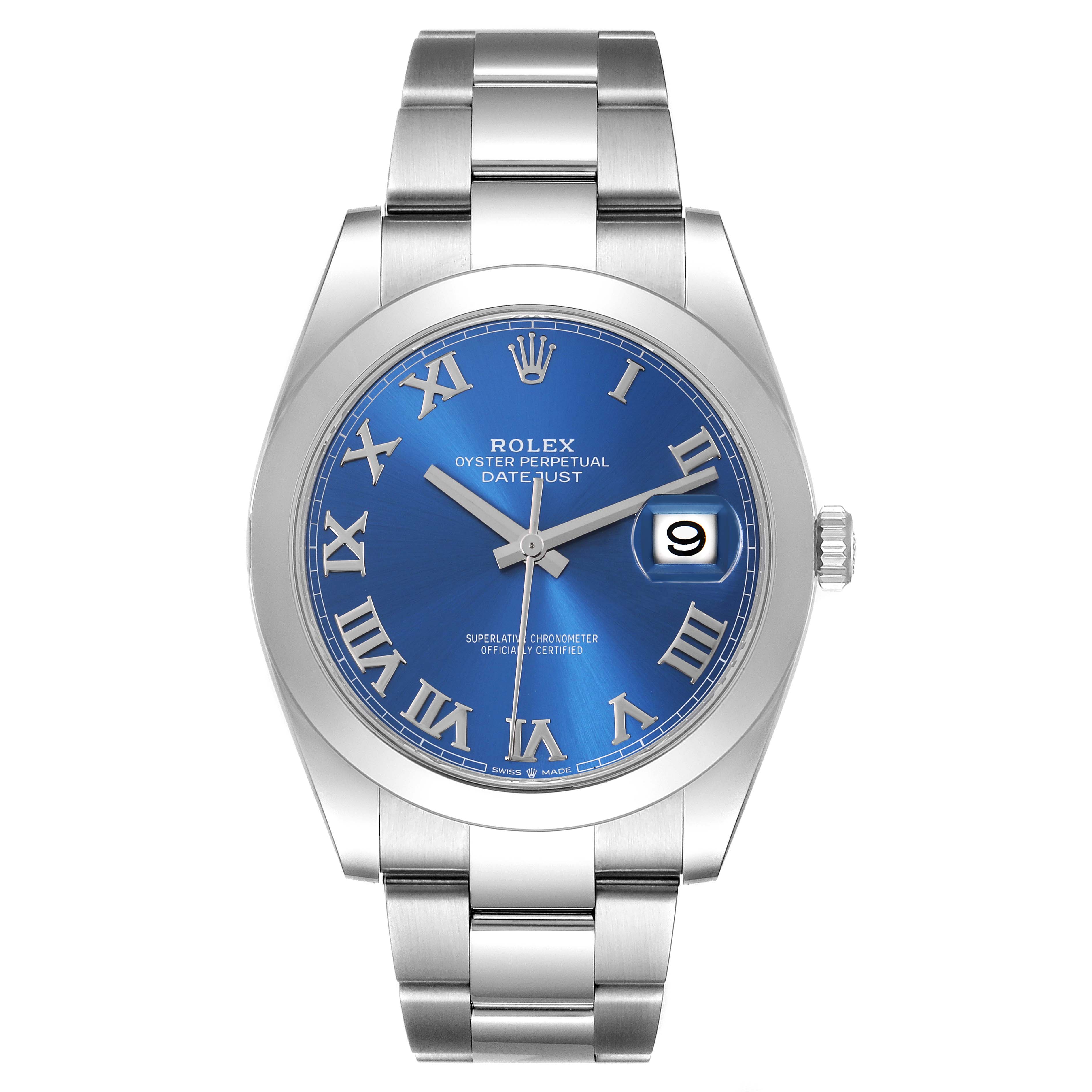 The Rolex Datejust 41 126300 Men
s Stainless Steel Blue Dial 126300 Men
s Stainless Steel Blue Dial is shown from a frontal angle, displaying the dial, bezel, bracelet, and crown.