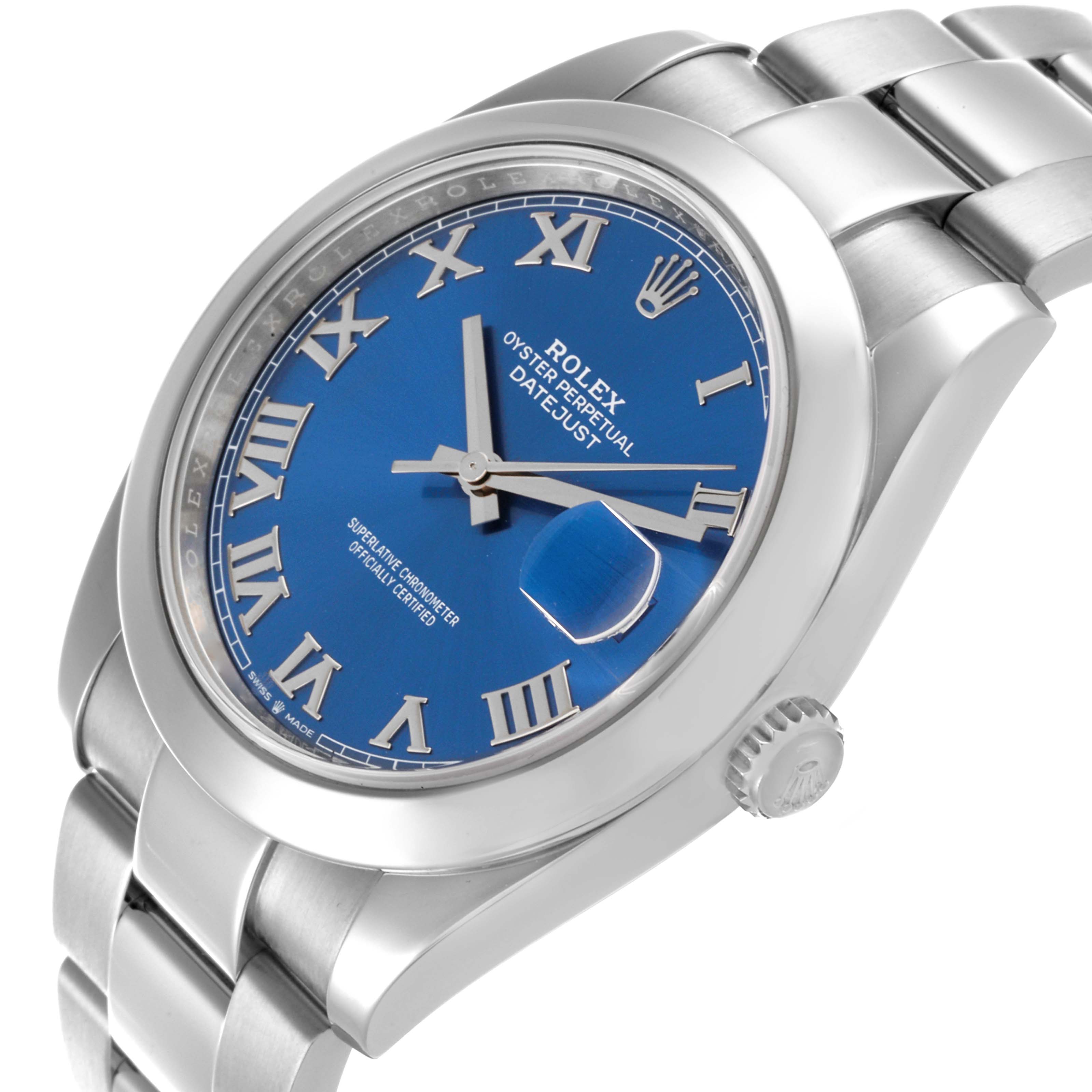 The Rolex Datejust 41 126300 Men
s Stainless Steel Blue Dial 126300 Men
s Stainless Steel Blue Dial watch is shown at an angle highlighting the dial, bezel, and part of the bracelet.